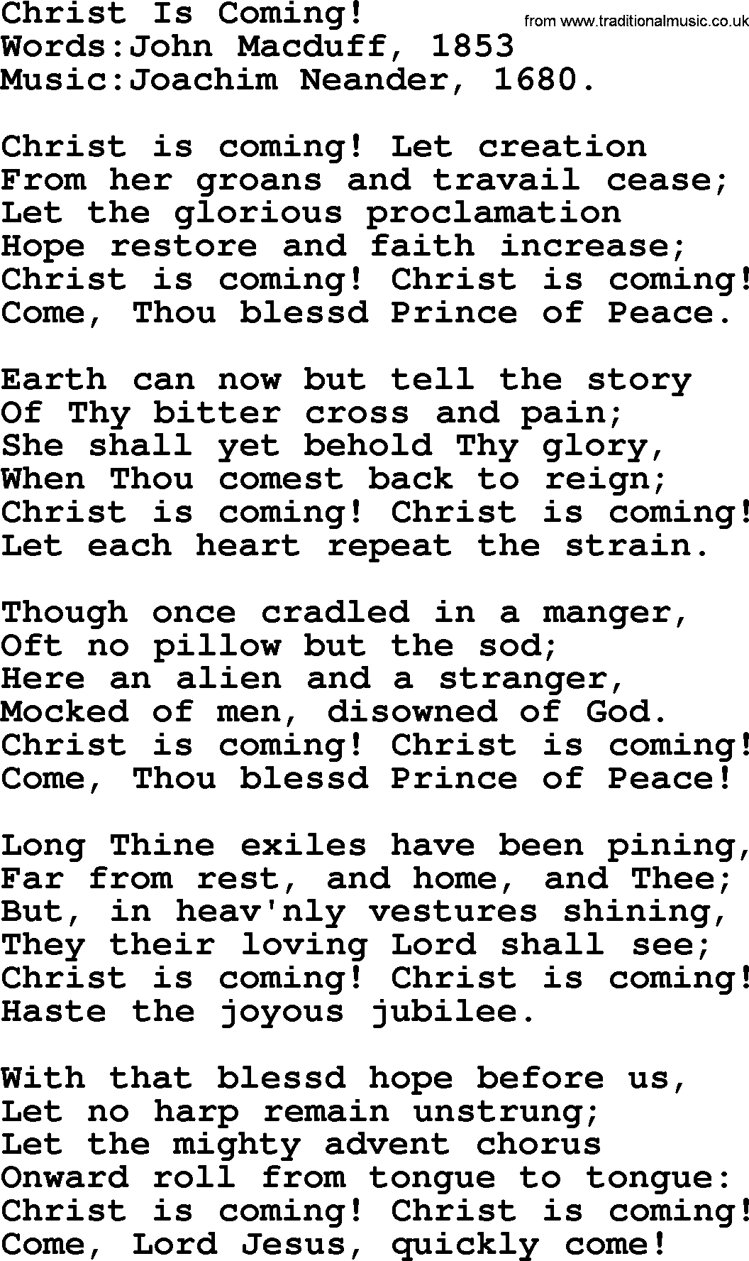 Christian hymns and songs about Jesus' Return(The Second Coming): Christ Is Coming!, lyrics with PDF