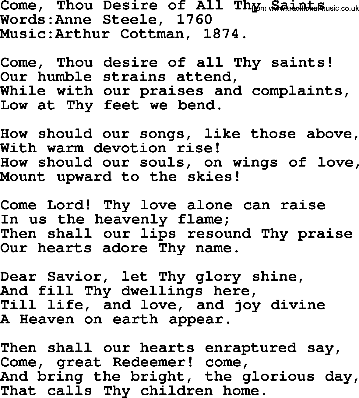 Christian hymns and songs about Jesus' Return(The Second Coming): Come, Thou Desire Of All Thy Saints, lyrics with PDF
