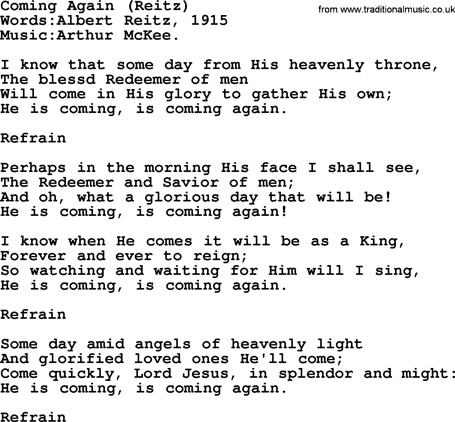 Christian hymns and songs about Jesus' Return(The Second Coming): Coming Again(Reitz), lyrics with PDF