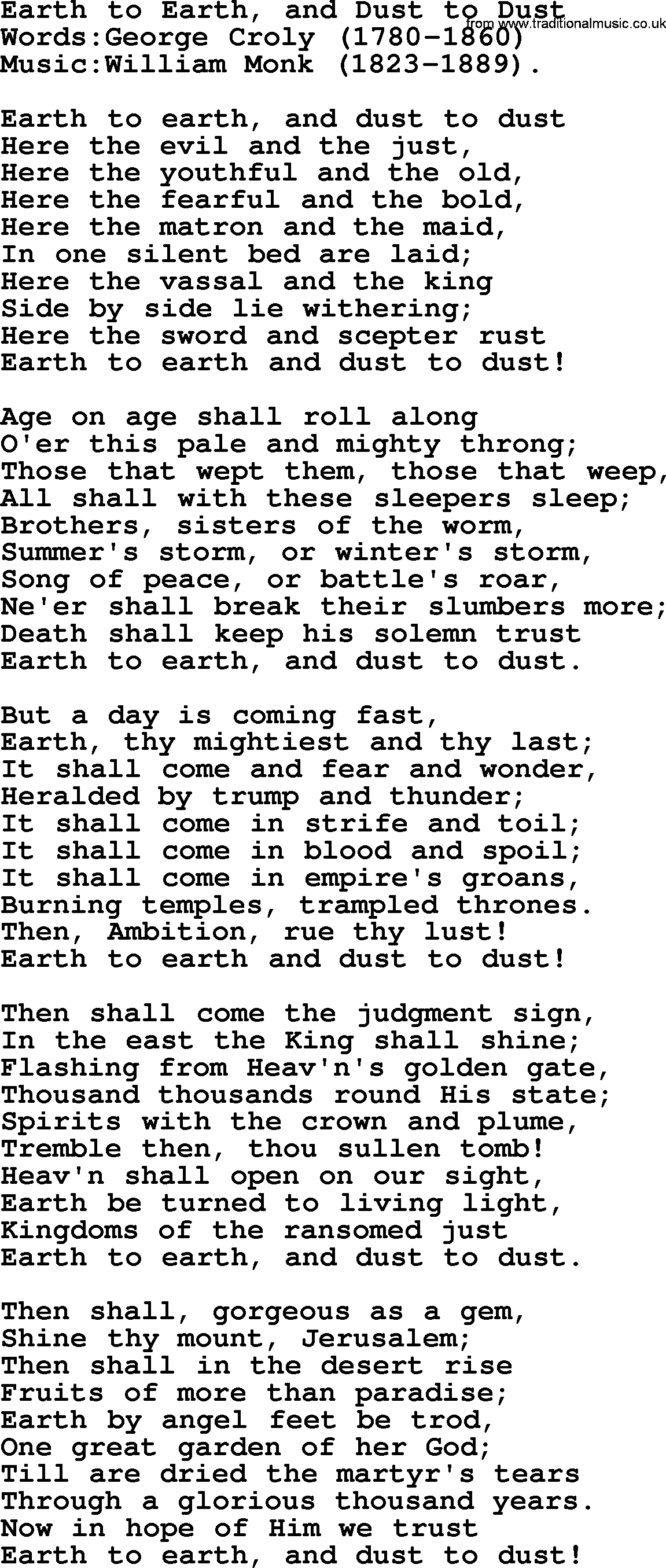 Christian hymns and songs about Jesus' Return(The Second Coming): Earth To Earth, And Dust To Dust, lyrics with PDF