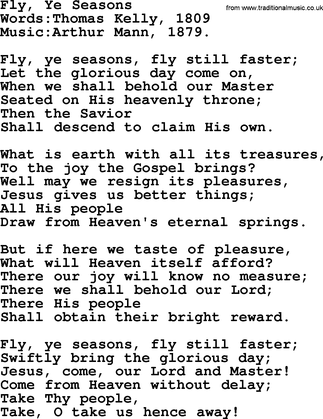 Christian hymns and songs about Jesus' Return(The Second Coming): Fly, Ye Seasons, lyrics with PDF