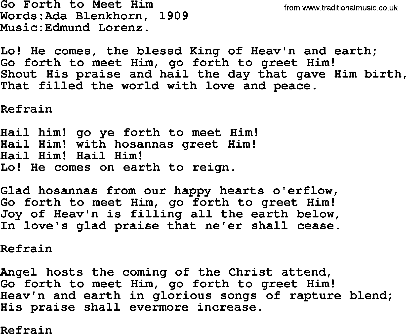 Christian hymns and songs about Jesus' Return(The Second Coming): Go Forth To Meet Him, lyrics with PDF