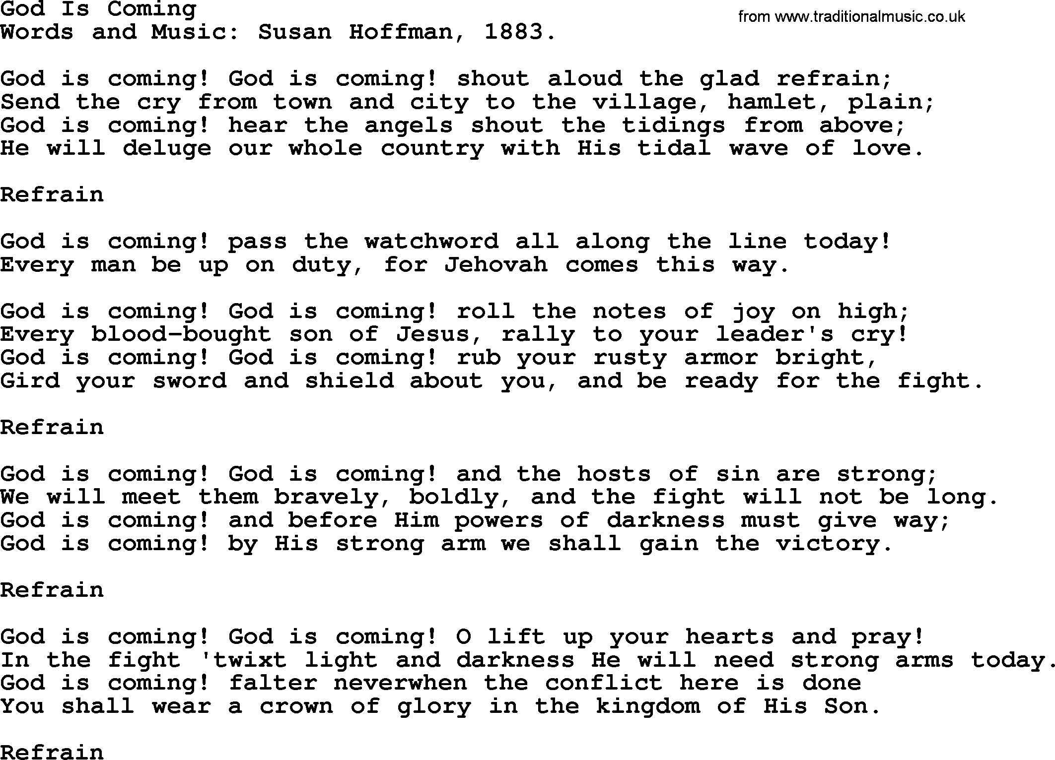 Christian hymns and songs about Jesus' Return(The Second Coming): God Is Coming, lyrics with PDF