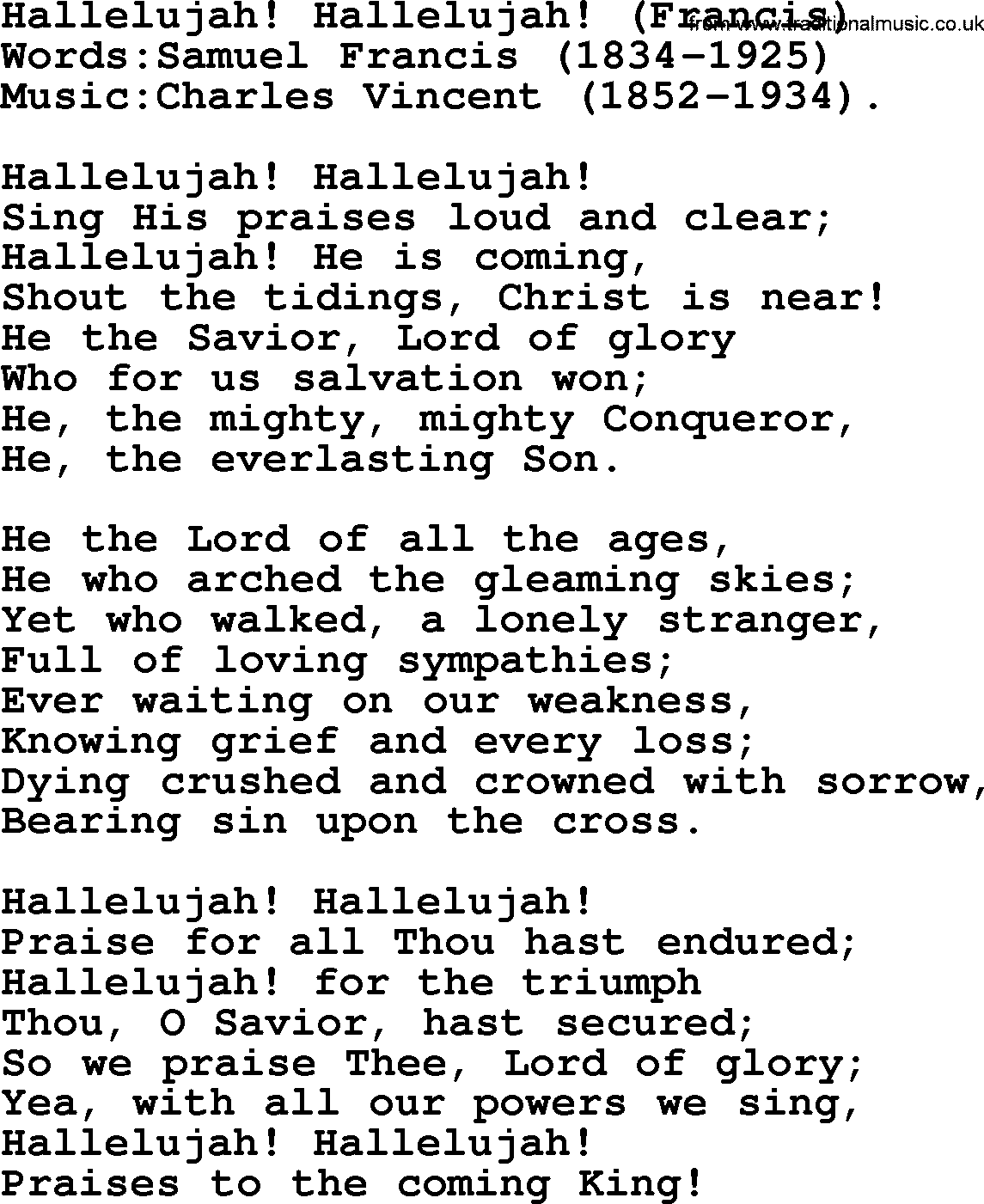 Christian hymns and songs about Jesus' Return(The Second Coming): Hallelujah! Hallelujah!(Francis), lyrics with PDF