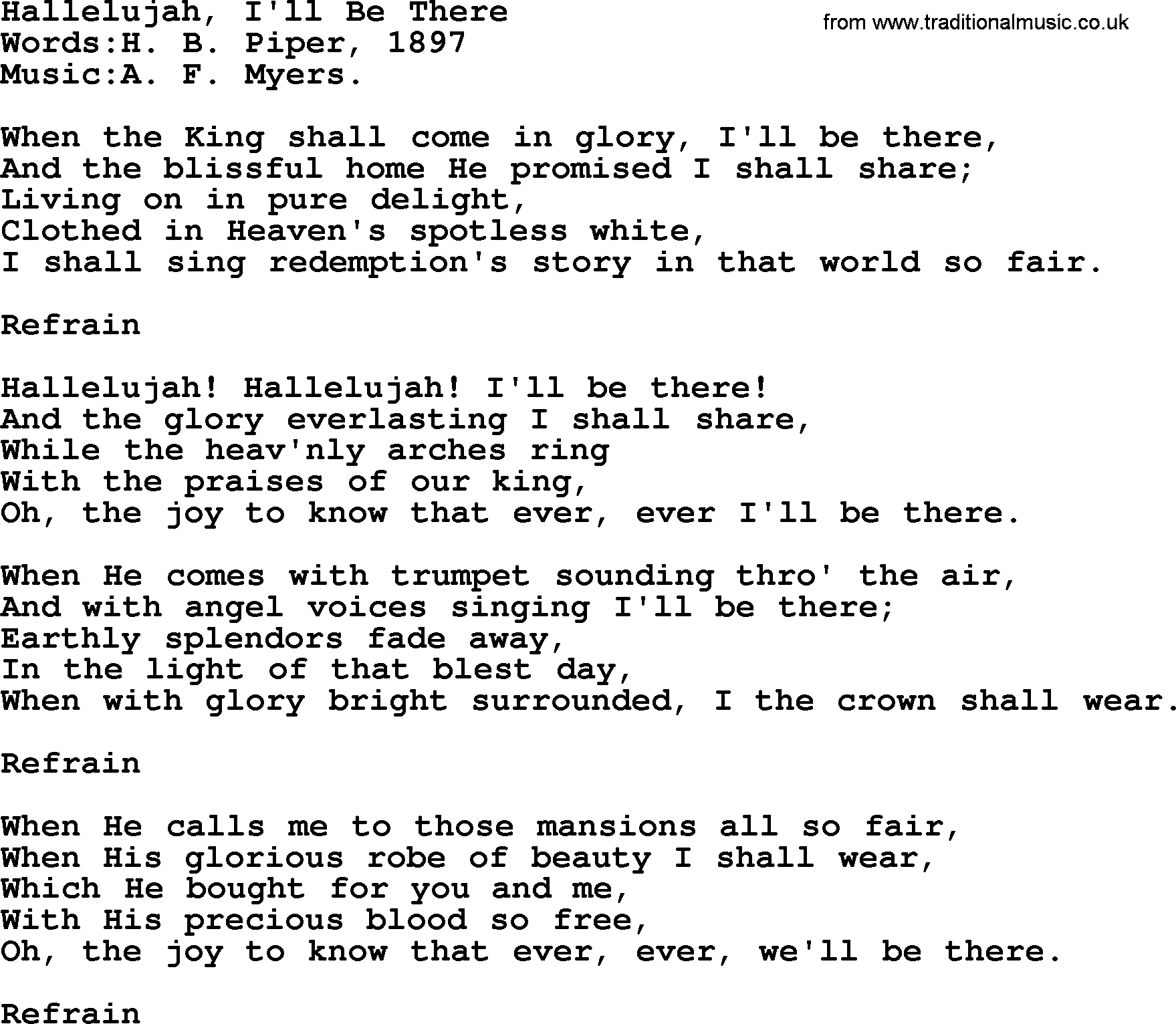 Christian hymns and songs about Jesus' Return(The Second Coming): Hallelujah, I'll Be There, lyrics with PDF