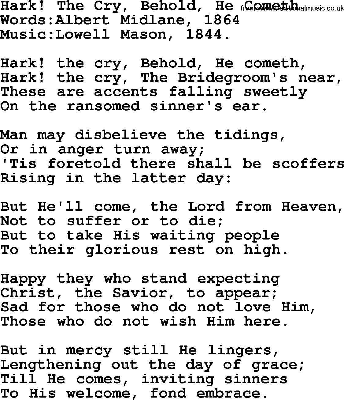 Christian hymns and songs about Jesus' Return(The Second Coming): Hark! The Cry, Behold, He Cometh, lyrics with PDF