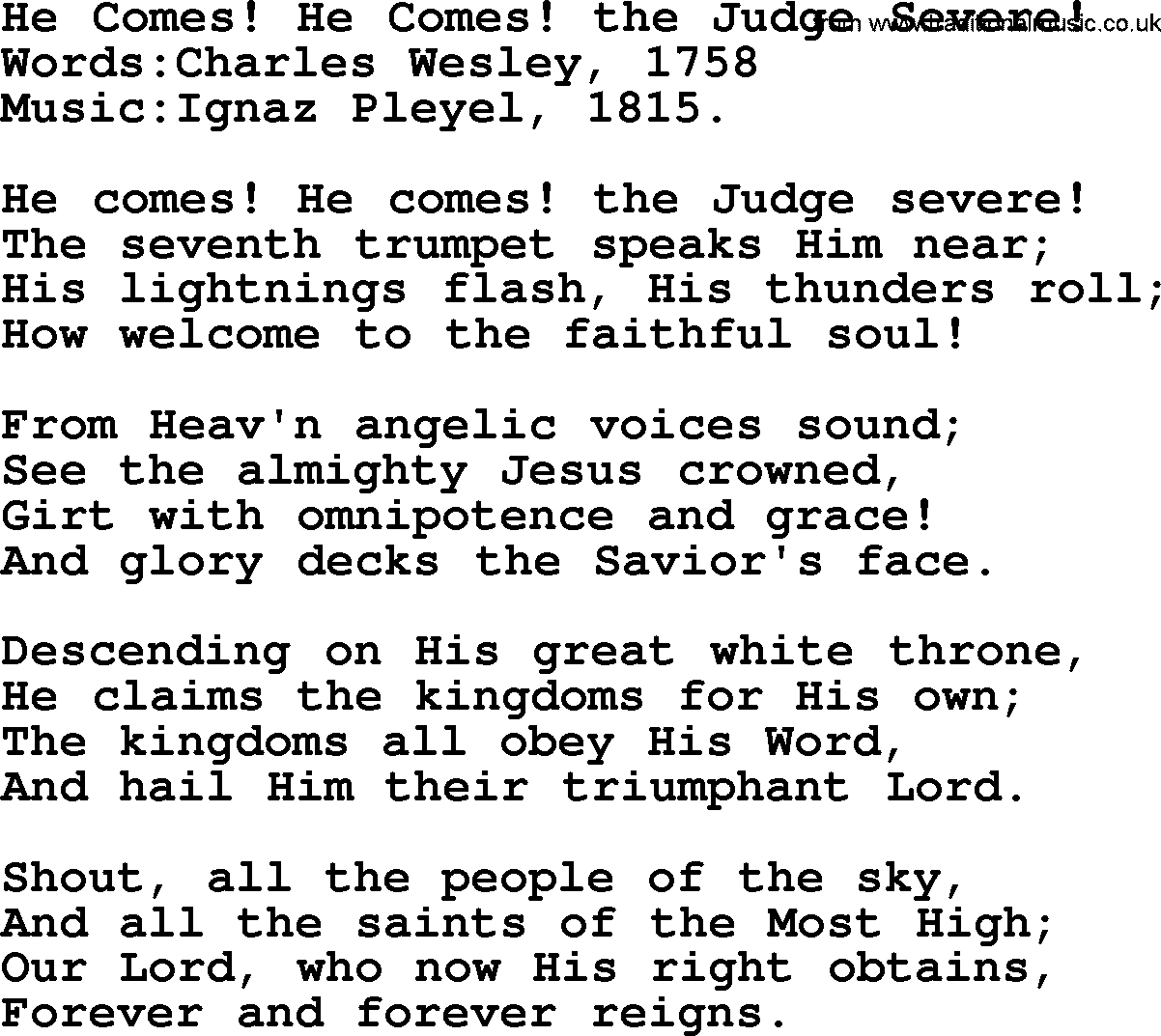 Christian hymns and songs about Jesus' Return(The Second Coming): He Comes! He Comes! The Judge Severe!, lyrics with PDF