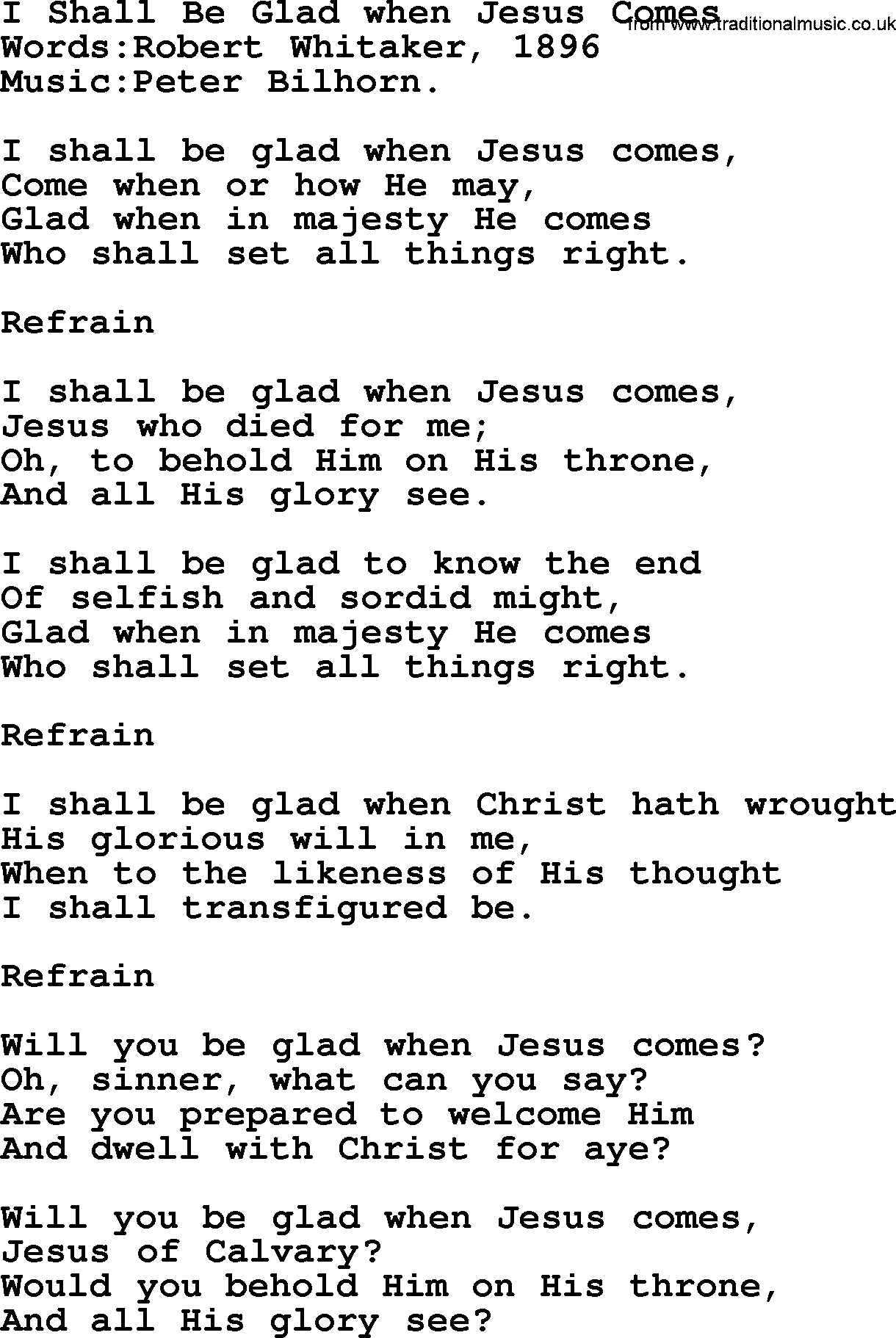 Christian hymns and songs about Jesus' Return(The Second Coming): I Shall Be Glad When Jesus Comes, lyrics with PDF