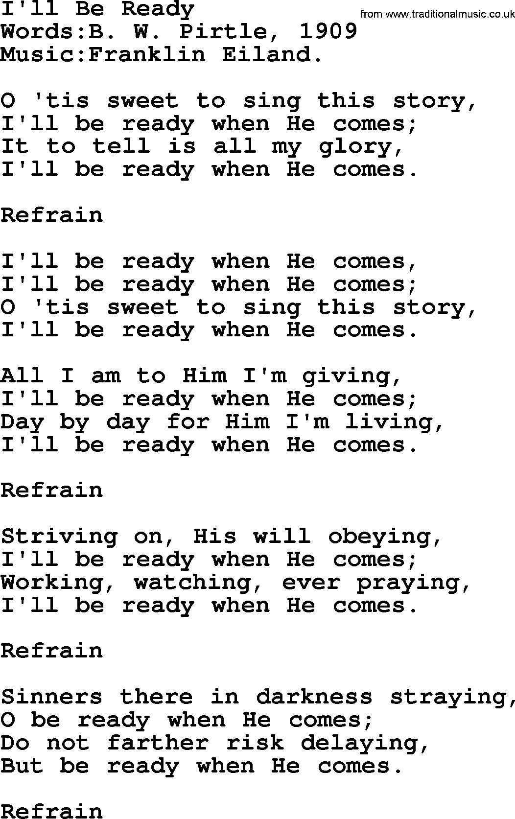Christian hymns and songs about Jesus' Return(The Second Coming): I'll Be Ready, lyrics with PDF