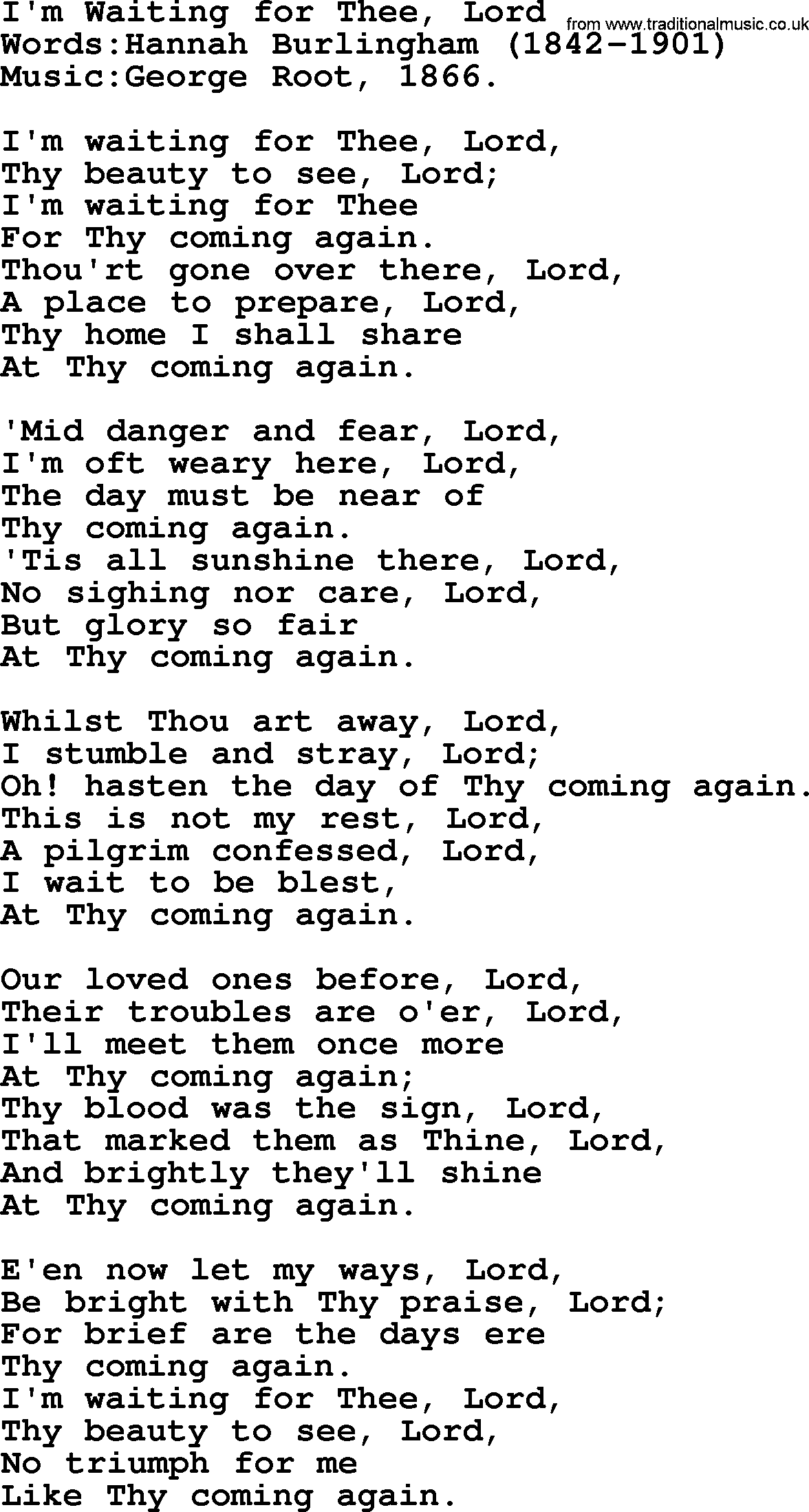 Christian hymns and songs about Jesus' Return(The Second Coming): I'm Waiting For Thee, Lord, lyrics with PDF