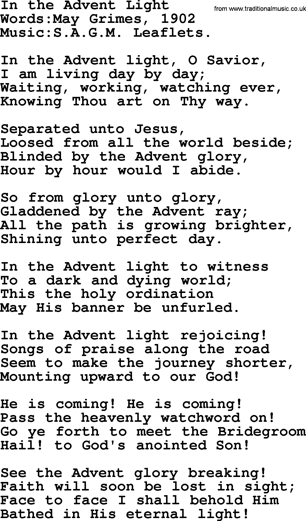 Christian hymns and songs about Jesus' Return(The Second Coming): In The Advent Light, lyrics with PDF