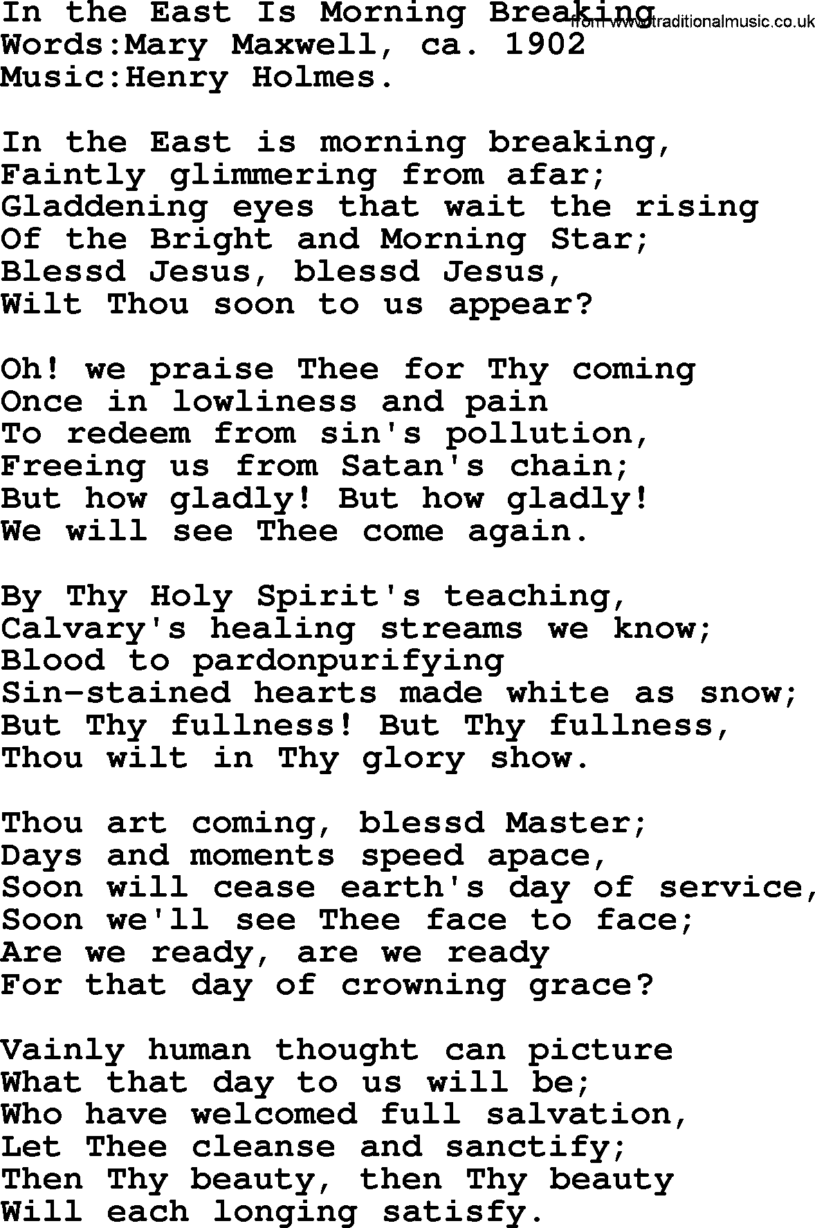 Christian hymns and songs about Jesus' Return(The Second Coming): In The East Is Morning Breaking, lyrics with PDF