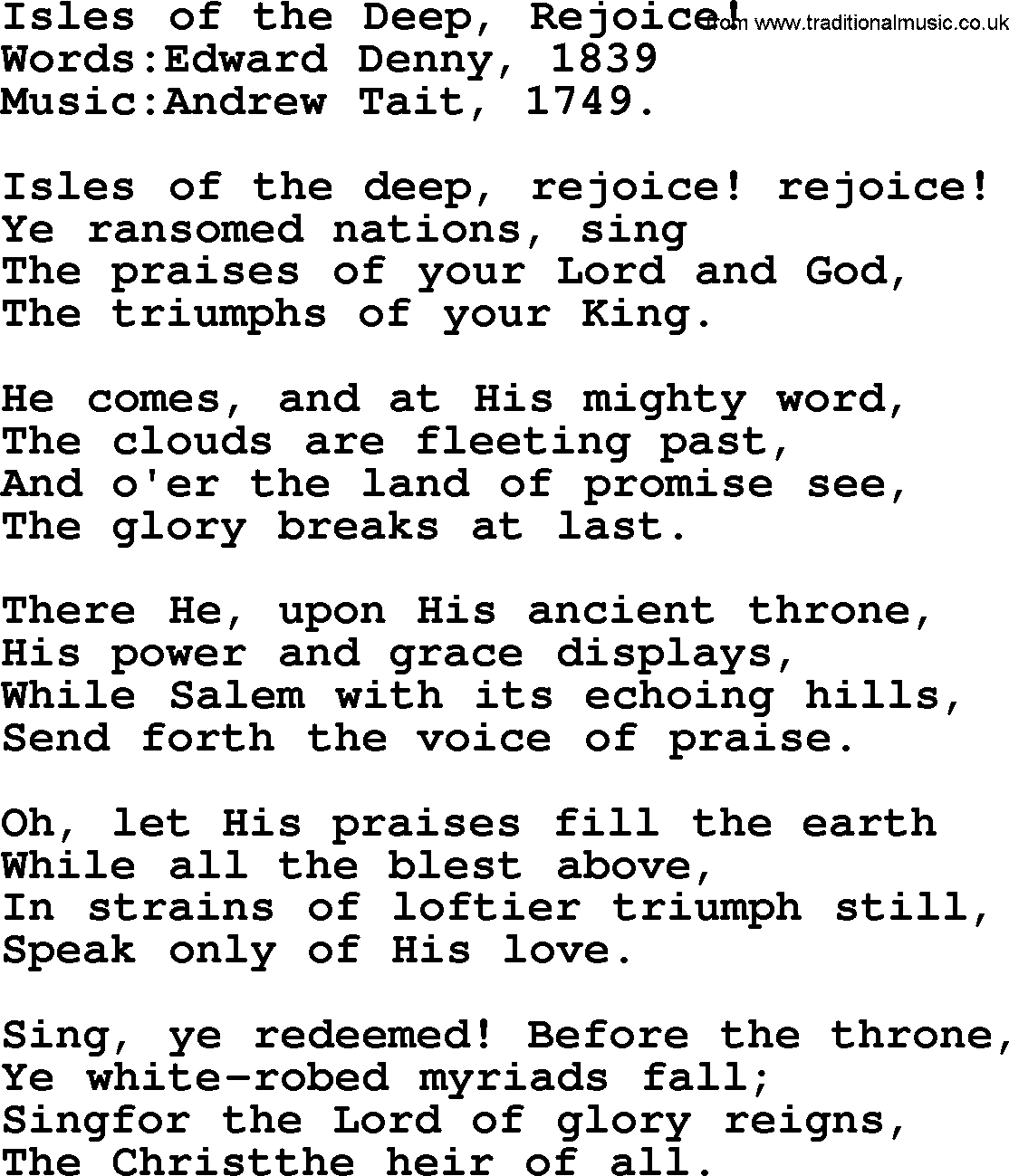 Christian hymns and songs about Jesus' Return(The Second Coming): Isles Of The Deep, Rejoice!, lyrics with PDF