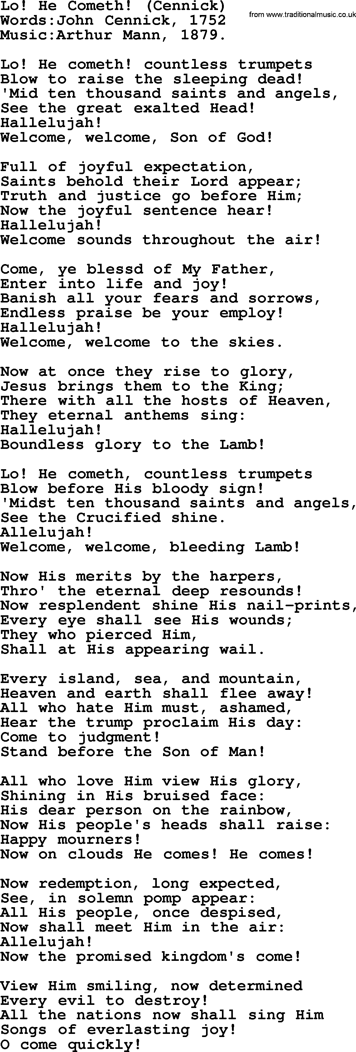 Christian hymns and songs about Jesus' Return(The Second Coming): Lo! He Cometh!(Cennick), lyrics with PDF