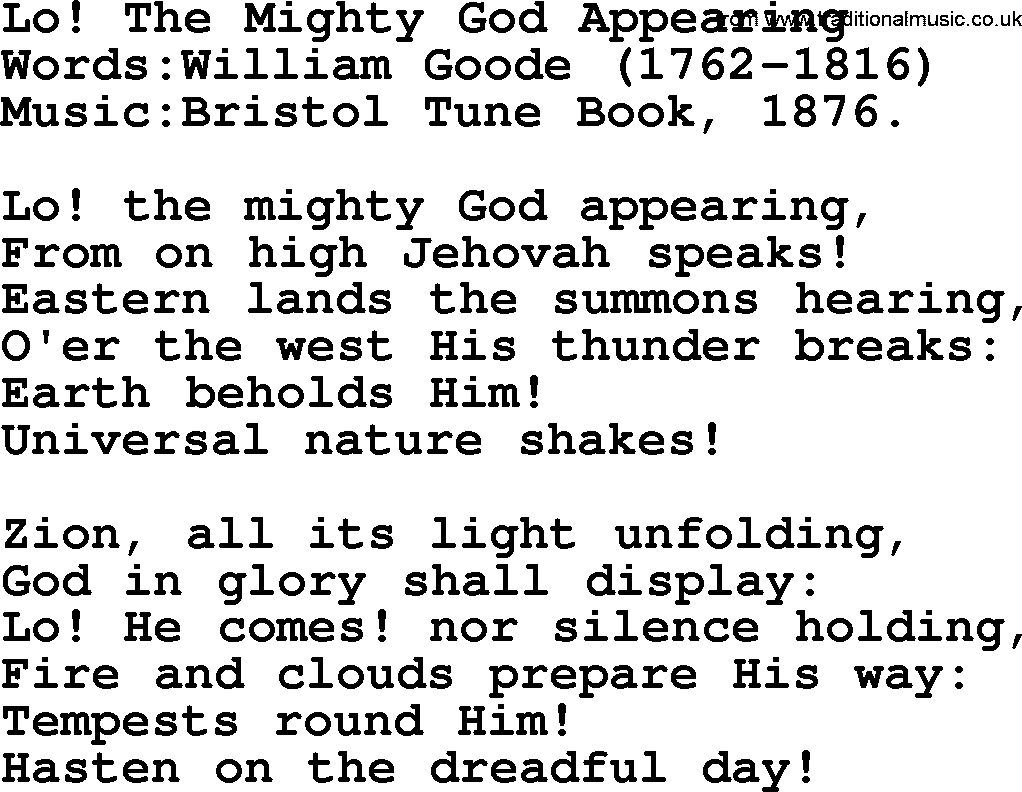 Christian hymns and songs about Jesus' Return(The Second Coming): Lo! The Mighty God Appearing, lyrics with PDF