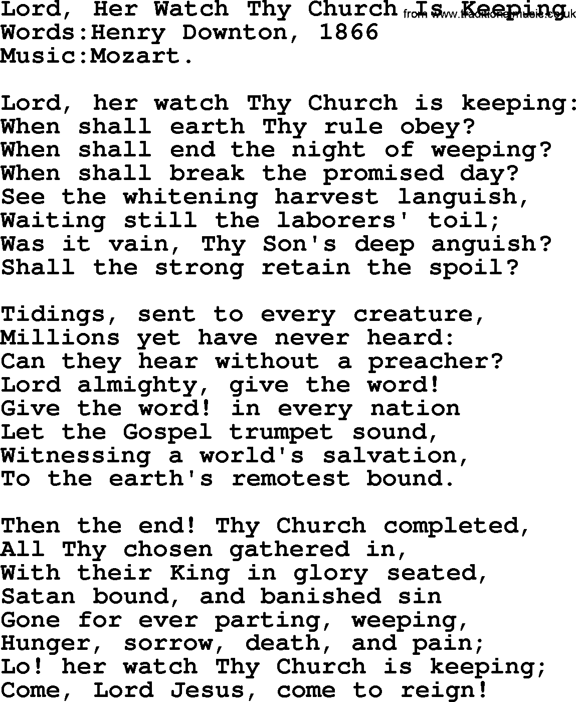 Christian hymns and songs about Jesus' Return(The Second Coming): Lord, Her Watch Thy Church Is Keeping, lyrics with PDF