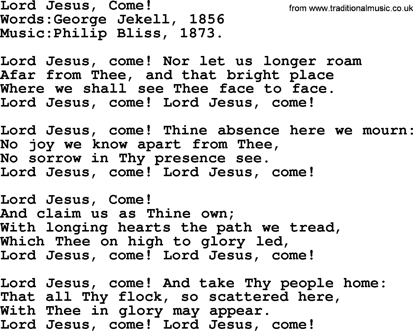 Christian hymns and songs about Jesus' Return(The Second Coming): Lord Jesus, Come!, lyrics with PDF