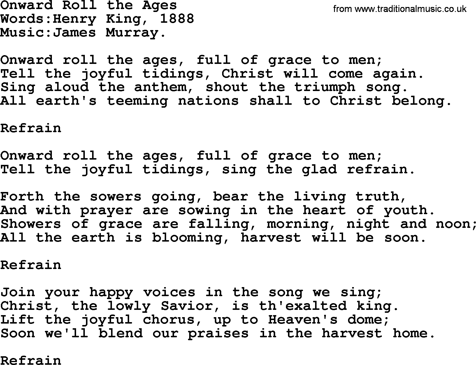 Christian hymns and songs about Jesus' Return(The Second Coming): Onward Roll The Ages, lyrics with PDF