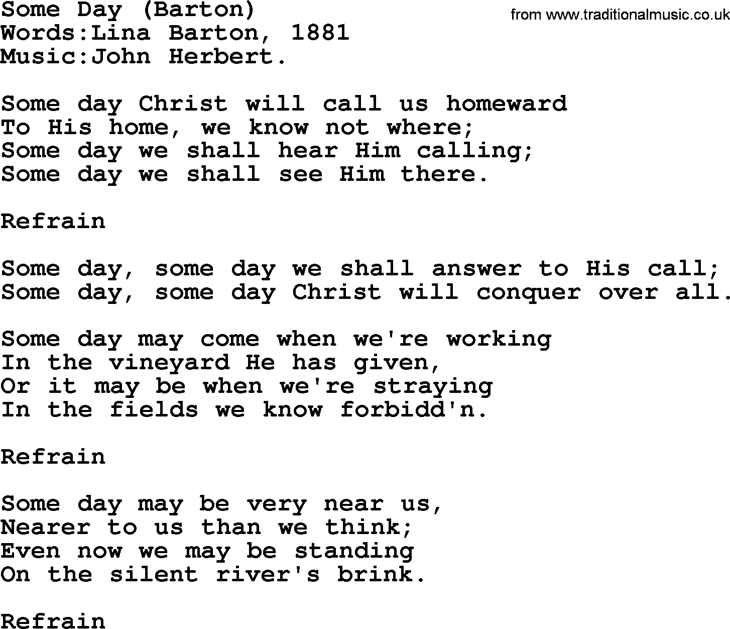 Christian hymns and songs about Jesus' Return(The Second Coming): Some Day(Barton), lyrics with PDF