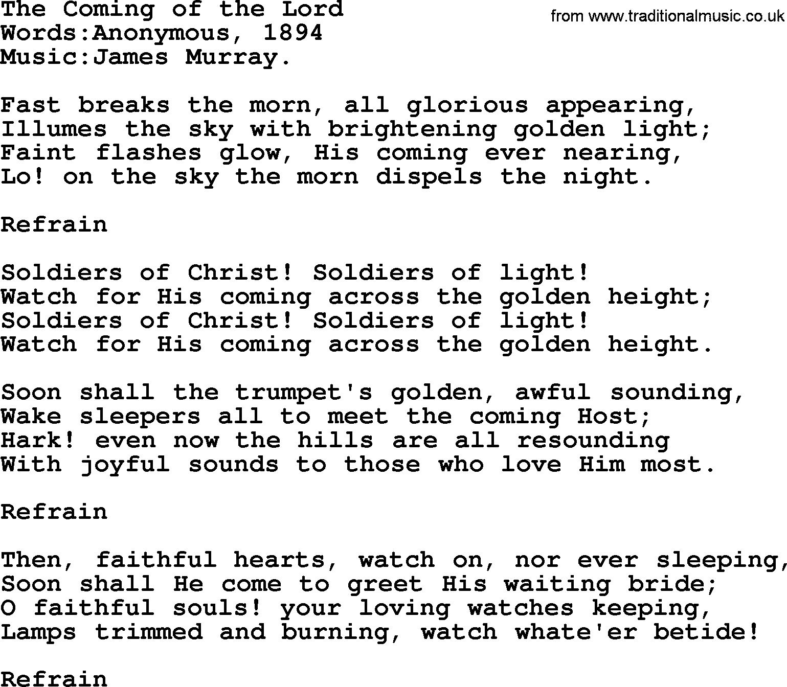 Christian hymns and songs about Jesus' Return(The Second Coming): The Coming Of The Lord, lyrics with PDF