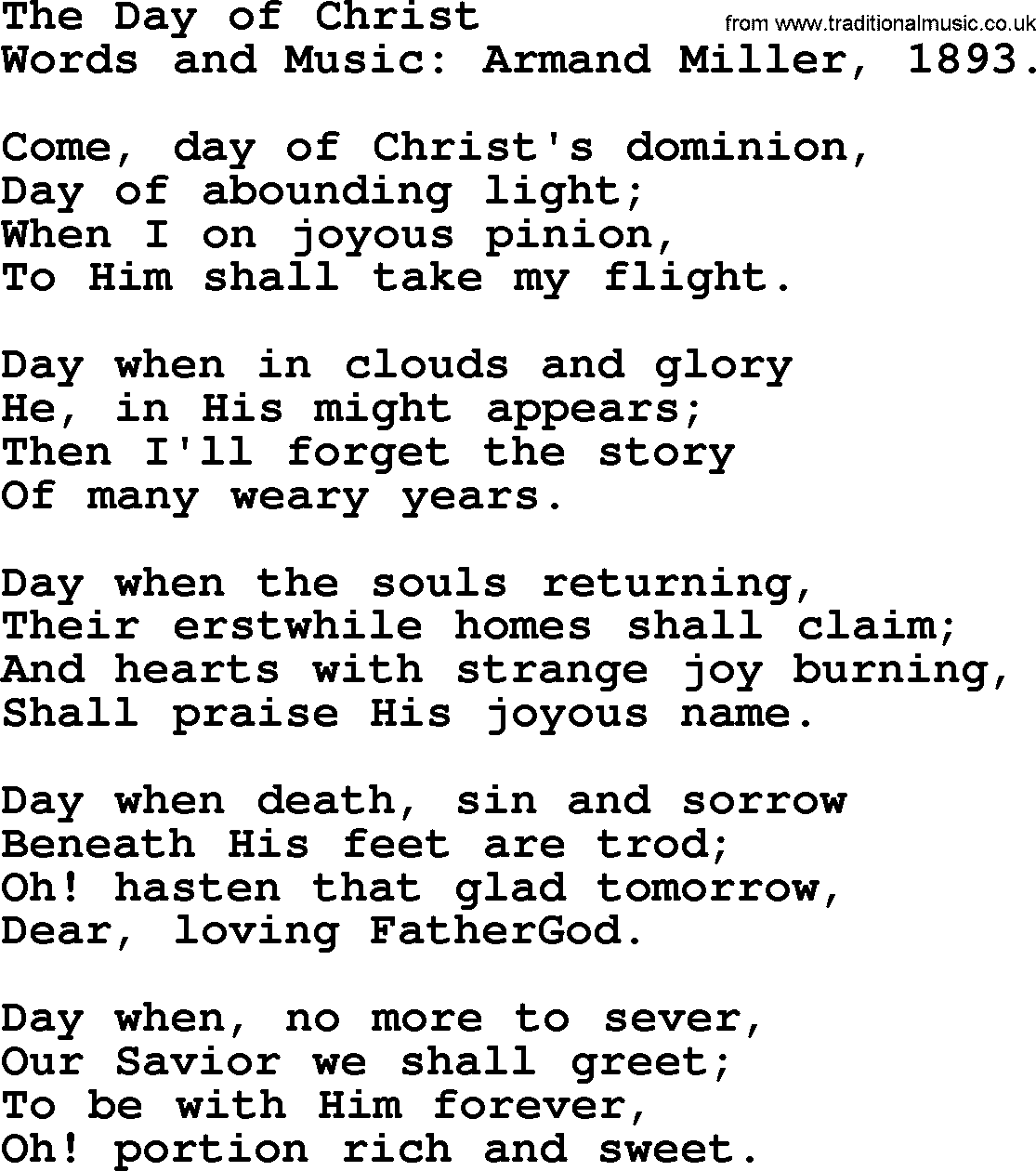 Christian hymns and songs about Jesus' Return(The Second Coming): The Day Of Christ, lyrics with PDF