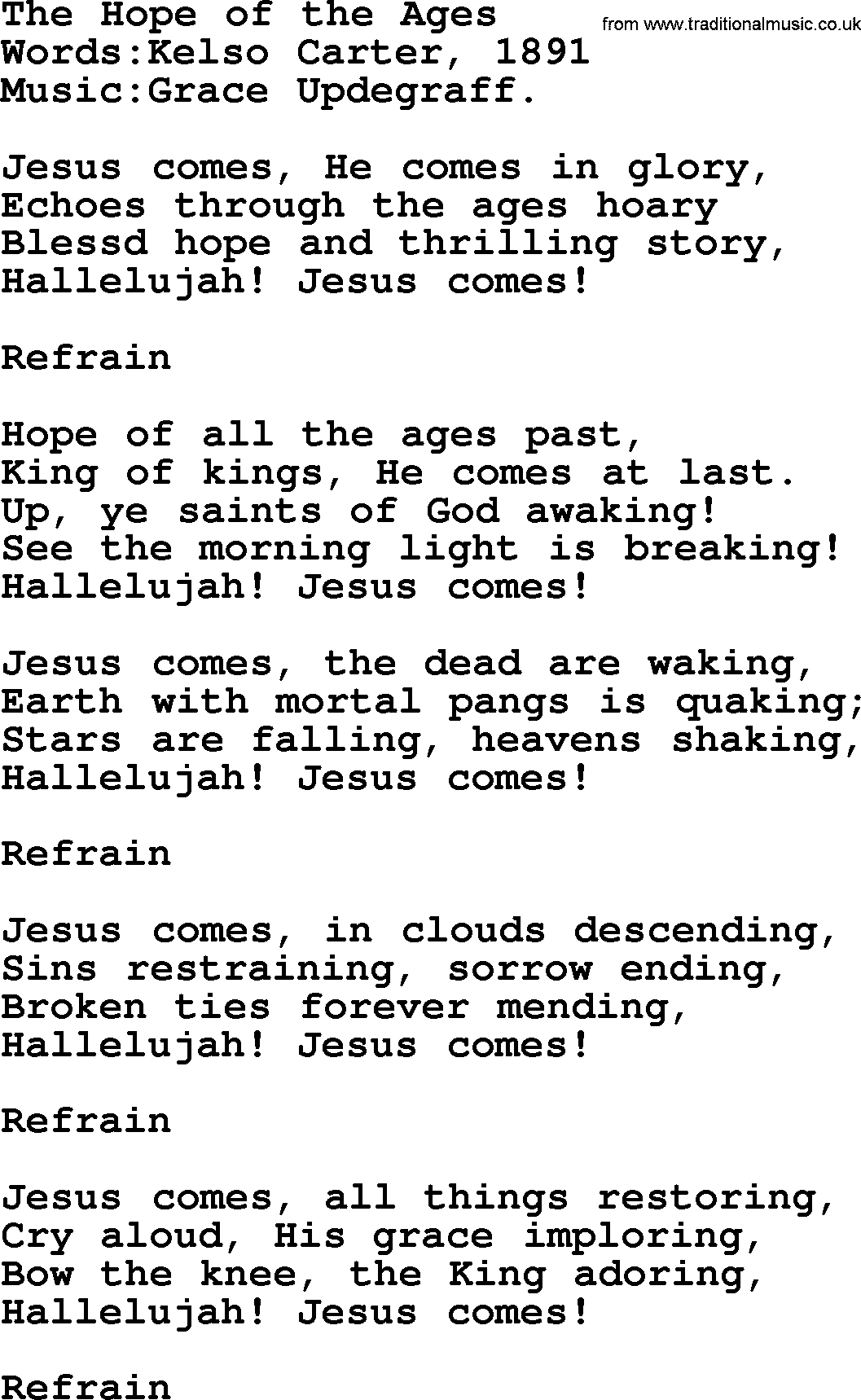 Christian hymns and songs about Jesus' Return(The Second Coming): The Hope Of The Ages, lyrics with PDF
