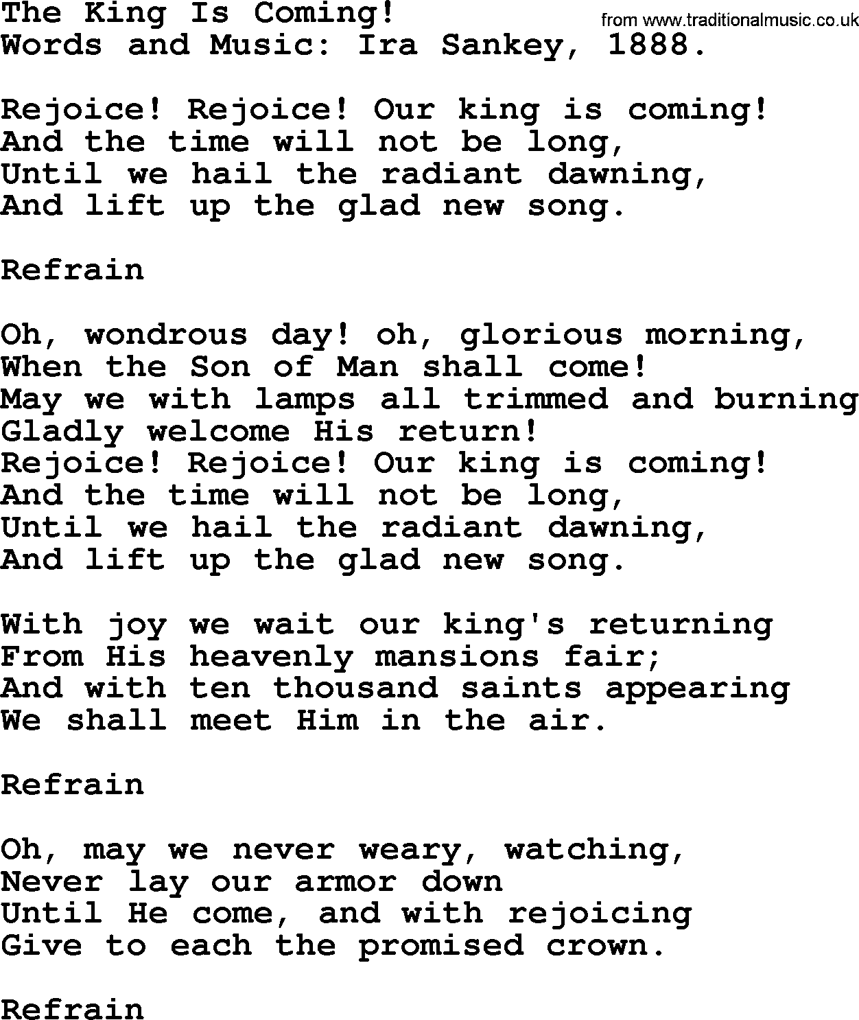 Christian hymns and songs about Jesus' Return(The Second Coming): The King Is Coming!, lyrics with PDF