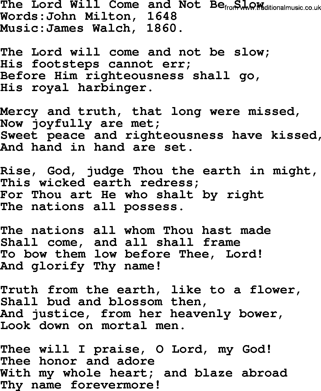 Christian hymns and songs about Jesus' Return(The Second Coming): The Lord Will Come And Not Be Slow, lyrics with PDF