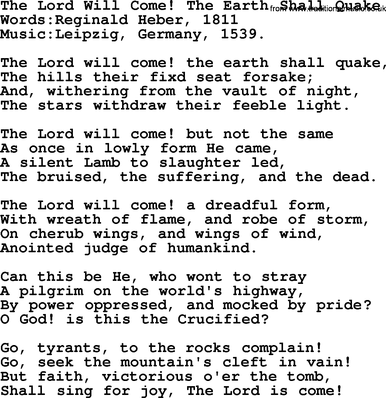 Christian hymns and songs about Jesus' Return(The Second Coming): The Lord Will Come! The Earth Shall Quake, lyrics with PDF