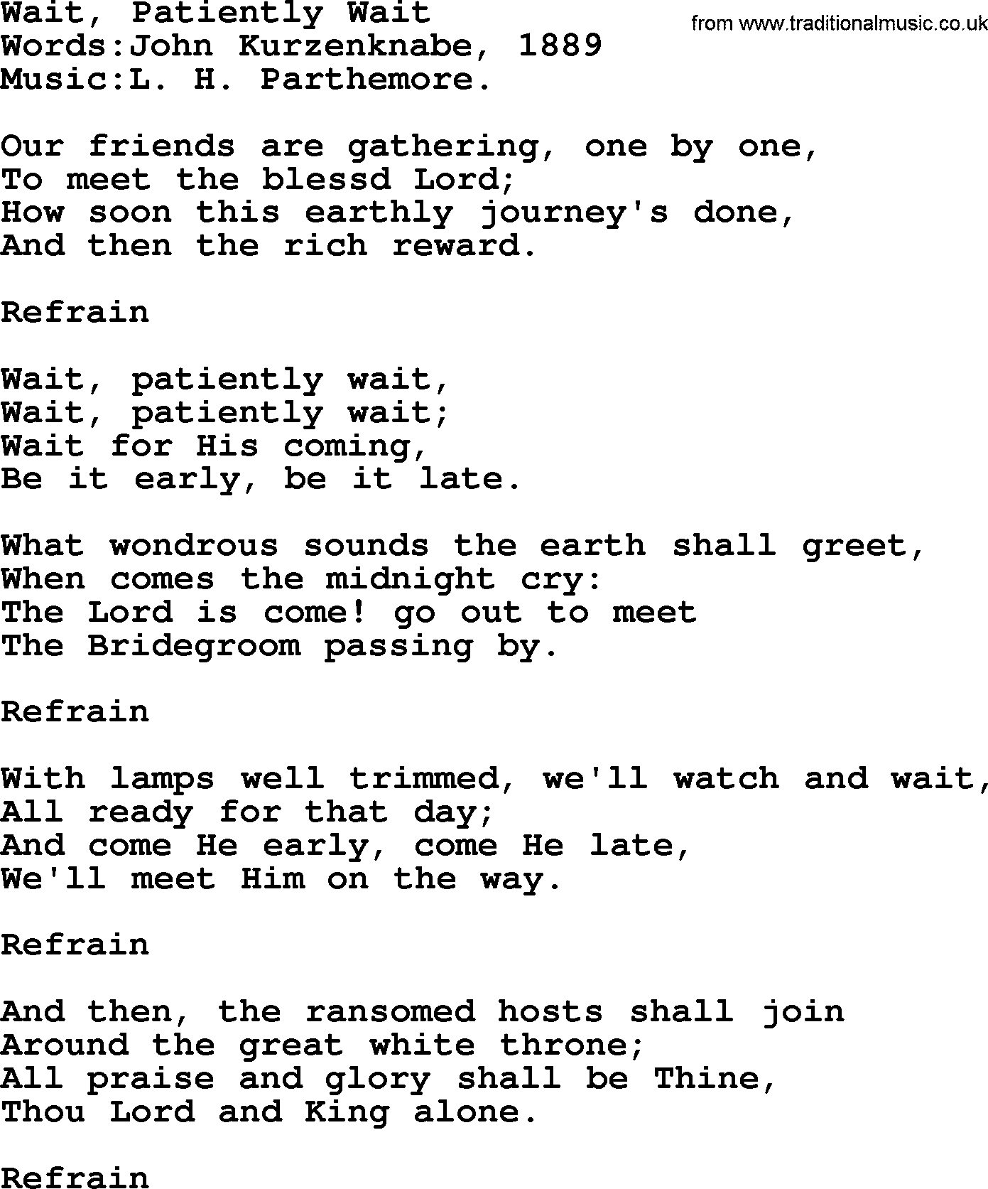 Christian hymns and songs about Jesus' Return(The Second Coming): Wait, Patiently Wait, lyrics with PDF