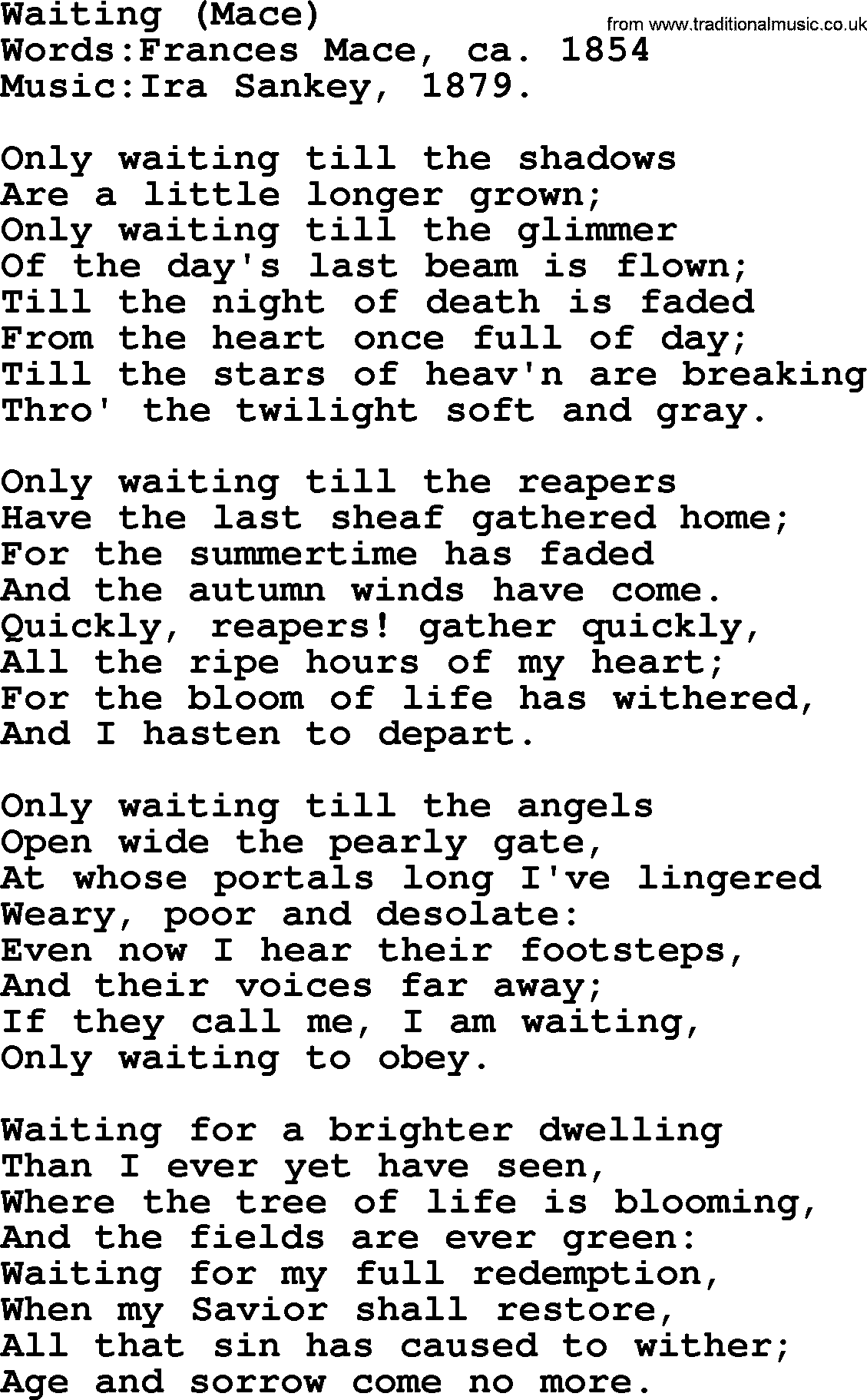 Christian hymns and songs about Jesus' Return(The Second Coming): Waiting(Mace), lyrics with PDF