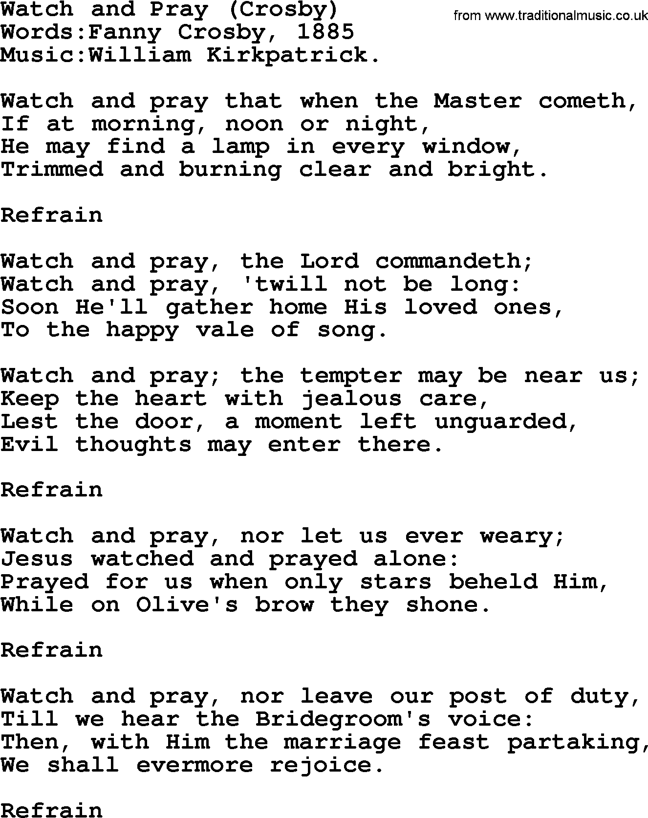 Christian hymns and songs about Jesus' Return(The Second Coming): Watch And Pray(Crosby), lyrics with PDF