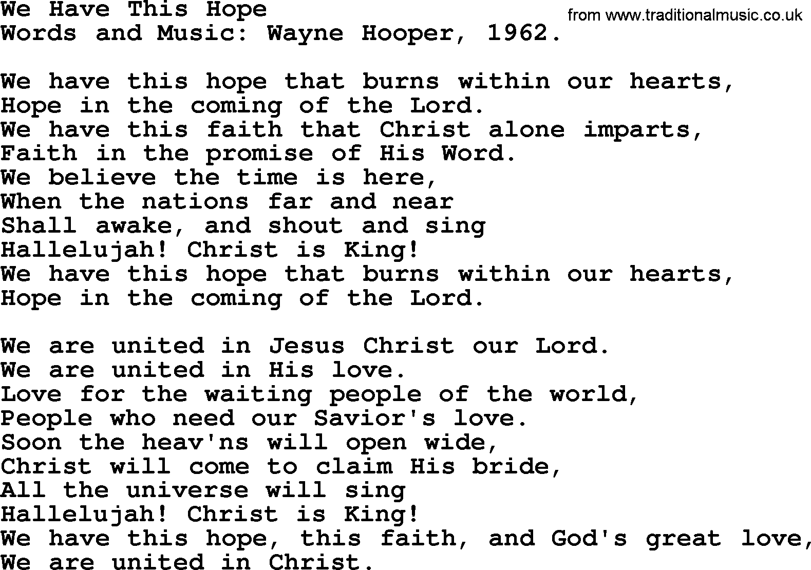 Christian hymns and songs about Jesus' Return(The Second Coming): We Have This Hope, lyrics with PDF