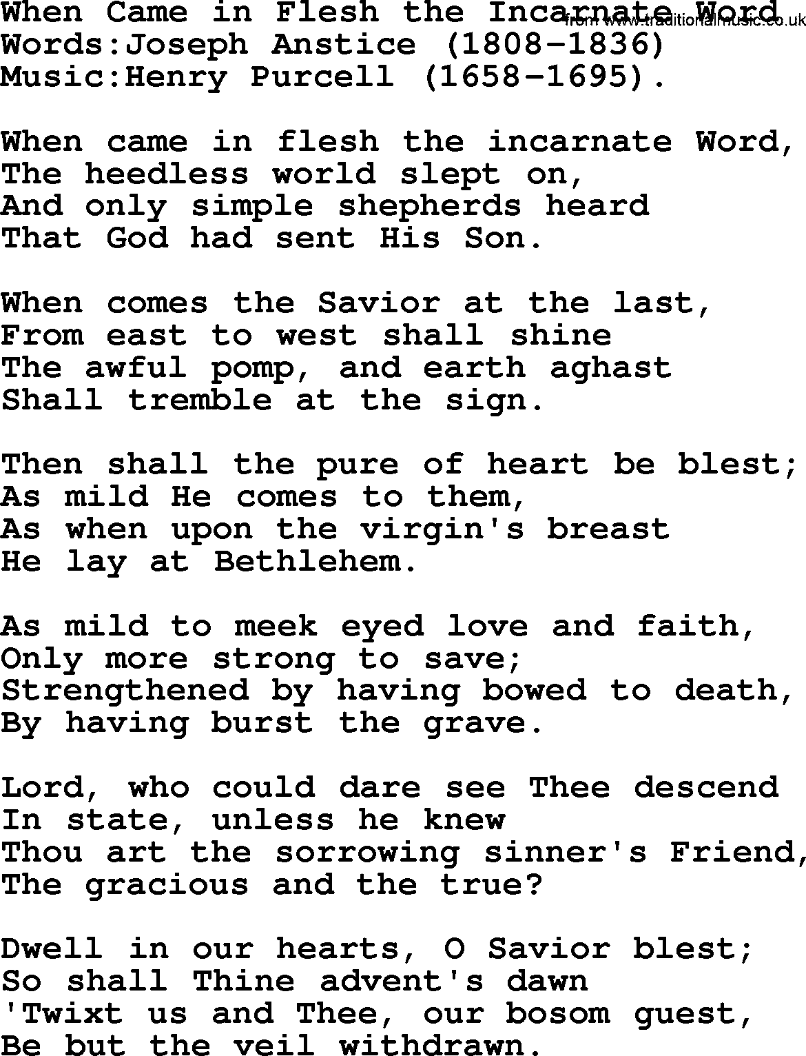 Christian hymns and songs about Jesus' Return(The Second Coming): When Came In Flesh The Incarnate Word, lyrics with PDF
