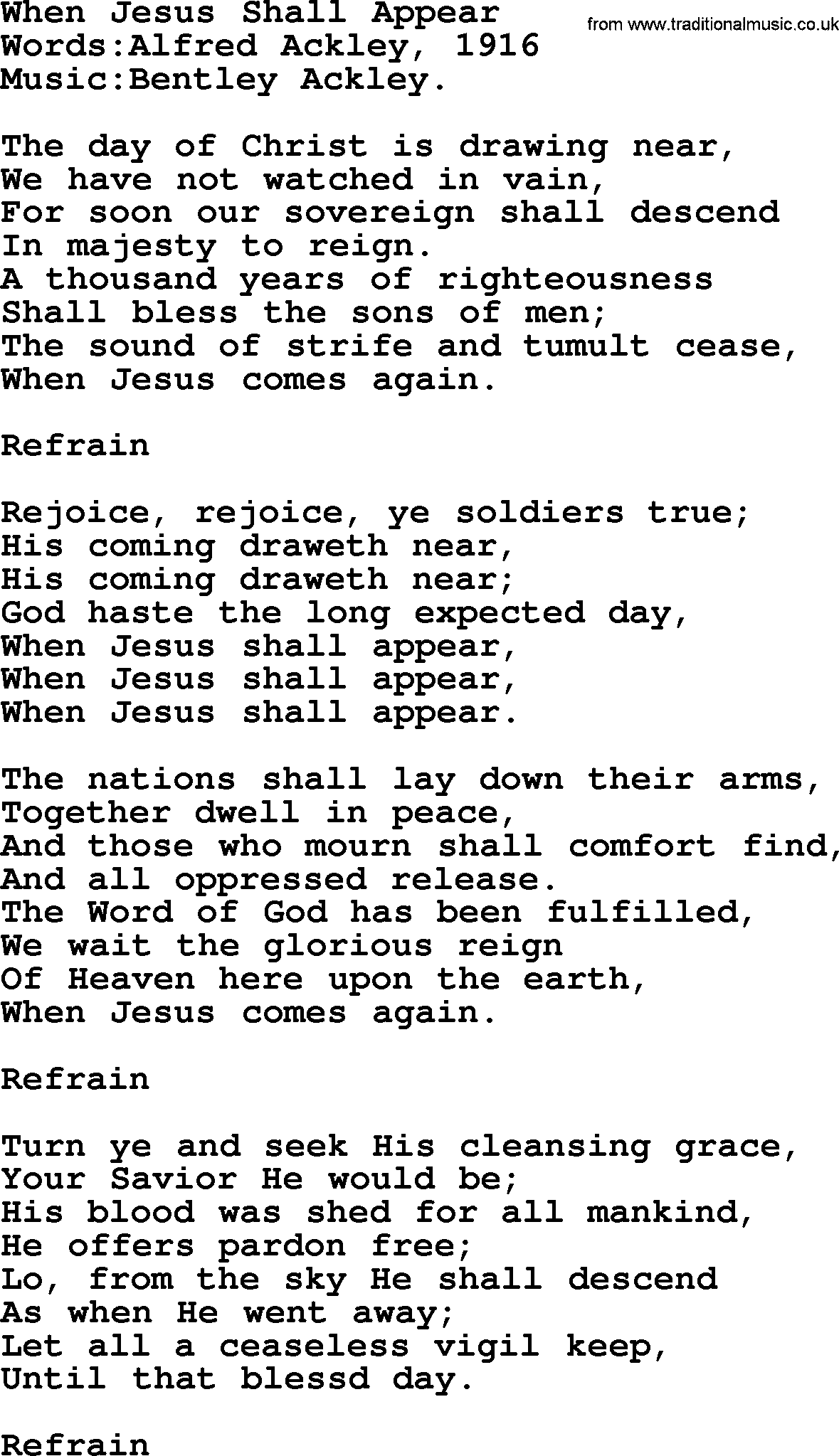 Christian hymns and songs about Jesus' Return(The Second Coming): When Jesus Shall Appear, lyrics with PDF