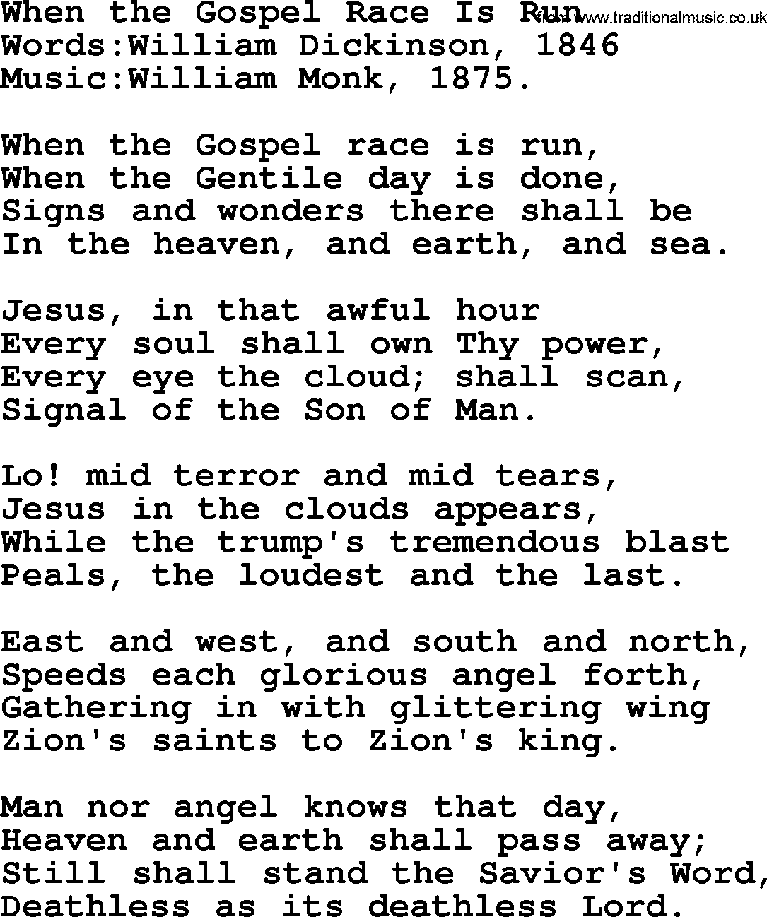 Christian hymns and songs about Jesus' Return(The Second Coming): When The Gospel Race Is Run, lyrics with PDF