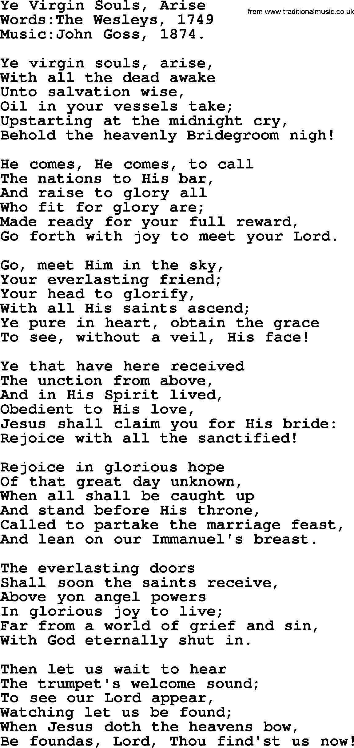 Christian hymns and songs about Jesus' Return(The Second Coming): Ye Virgin Souls, Arise, lyrics with PDF