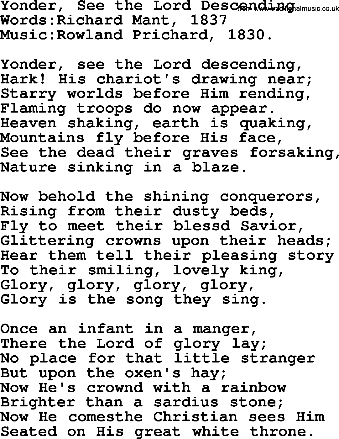 Christian hymns and songs about Jesus' Return(The Second Coming): Yonder, See The Lord Descending, lyrics with PDF