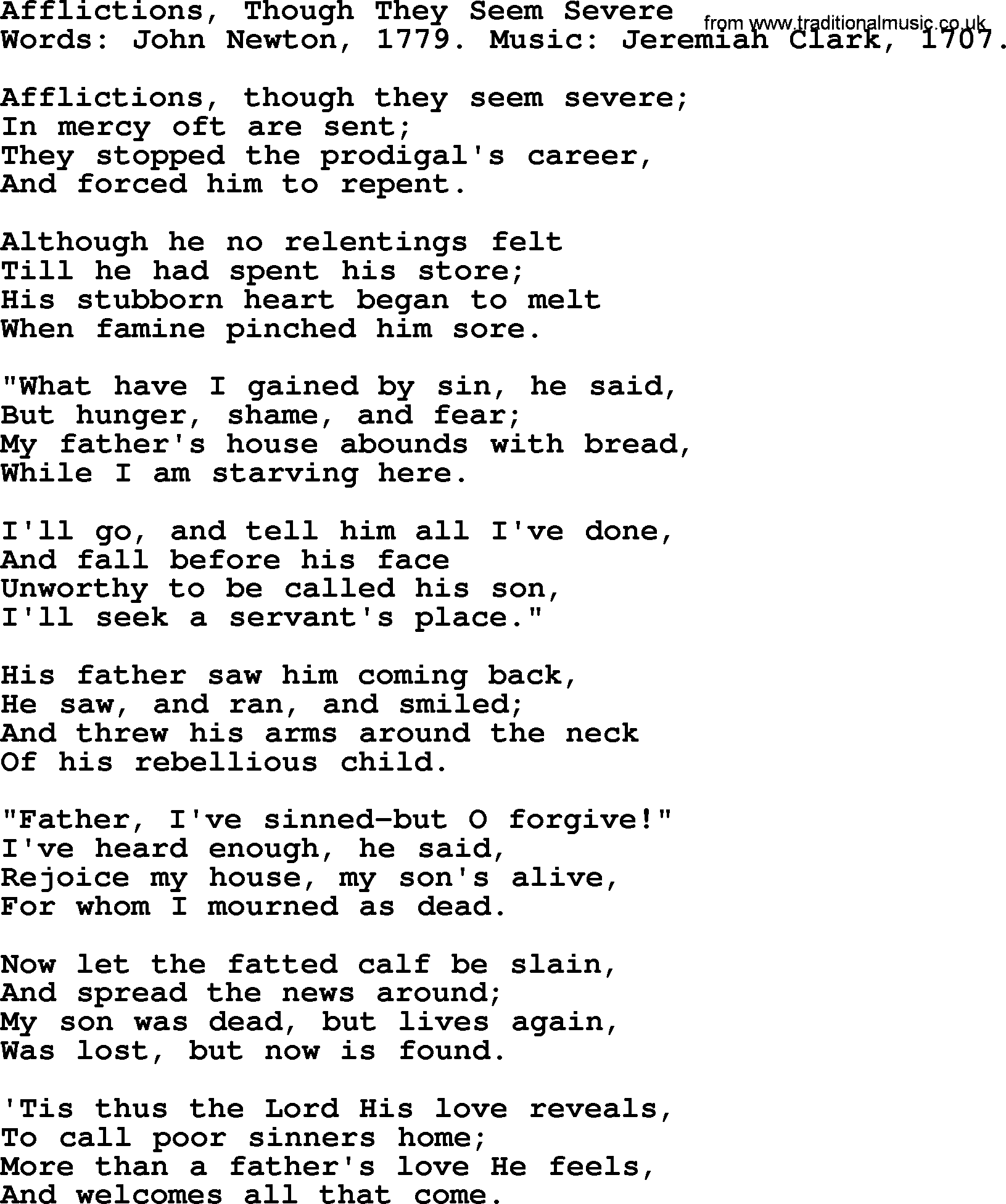 John Newton hymn: Afflictions, Though They Seem Severe, lyrics