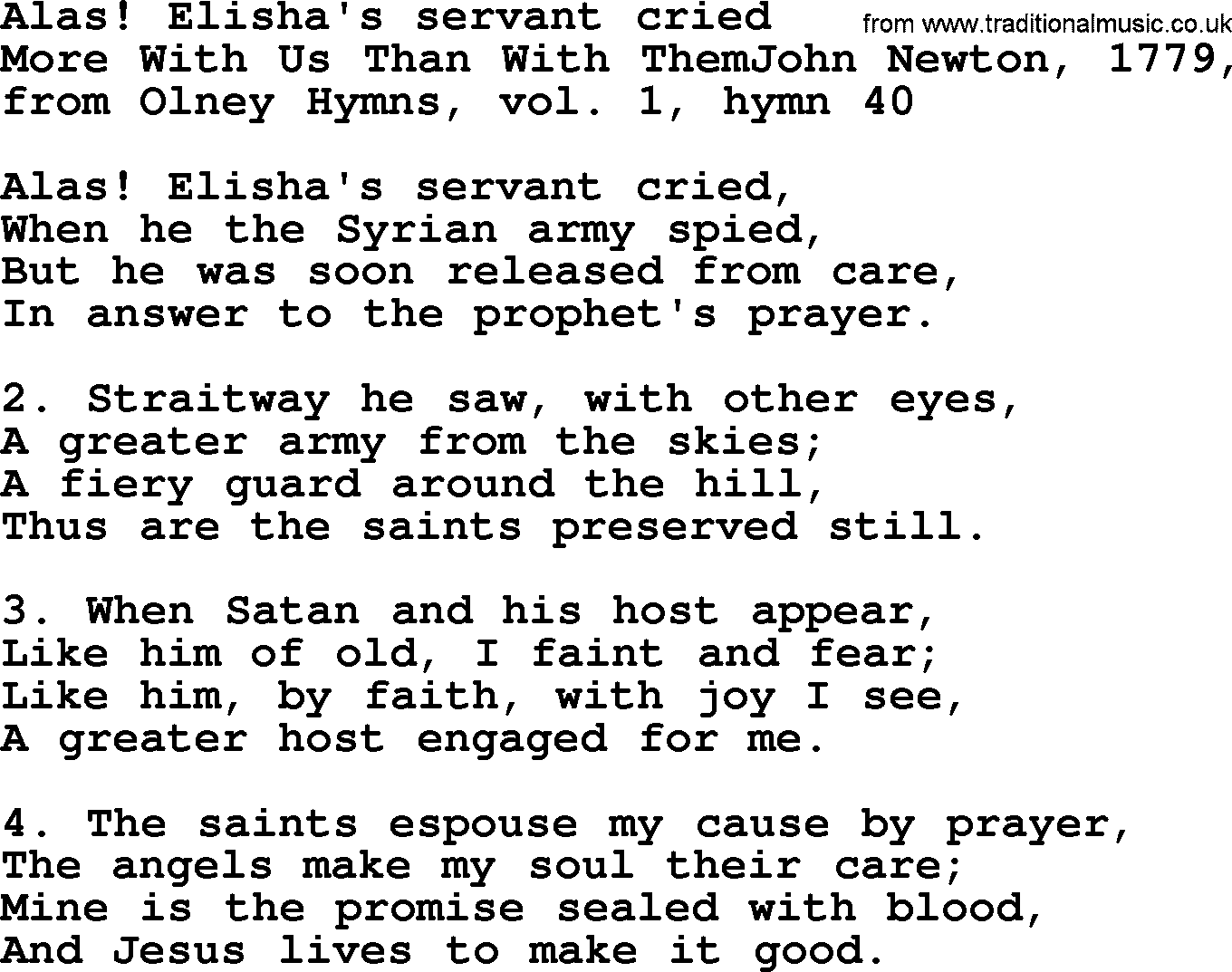 John Newton hymn: Alas  Elisha's Servant Cried, lyrics