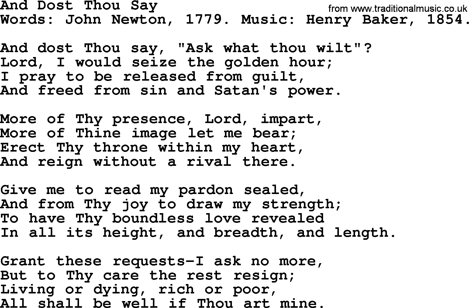 John Newton hymn: And Dost Thou Say, lyrics