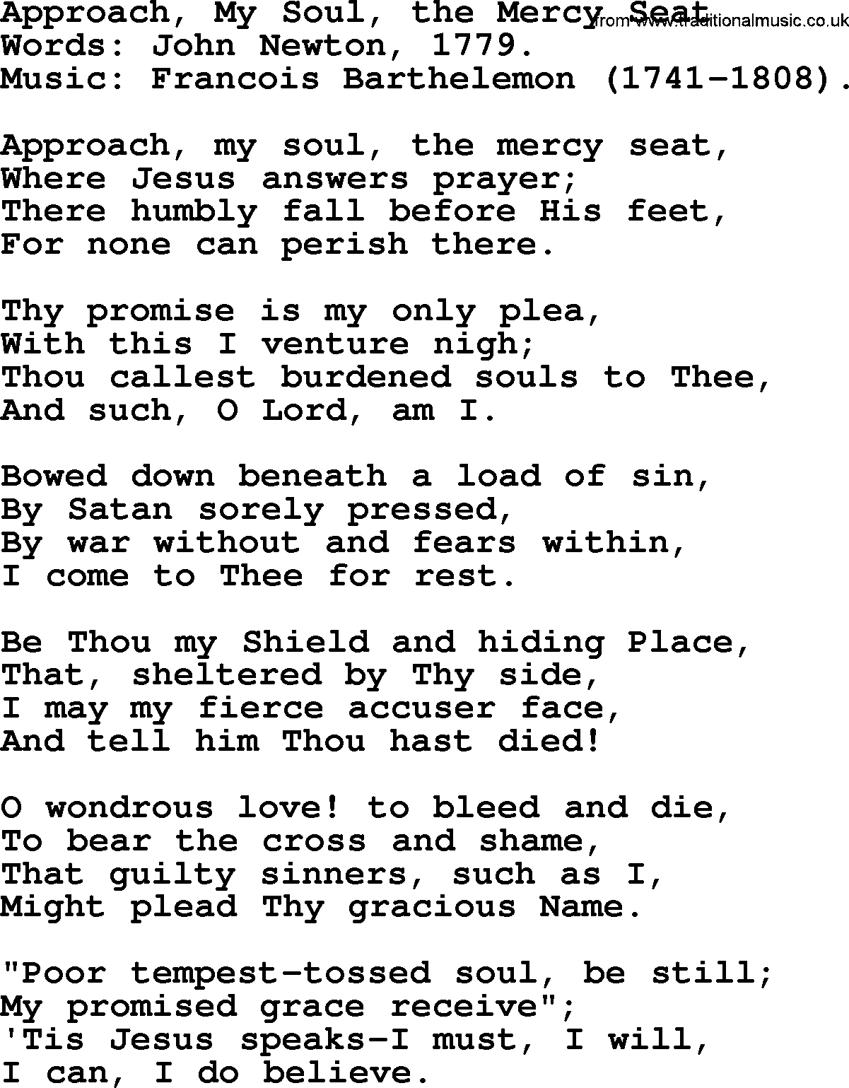 John Newton hymn: Approach, My Soul, The Mercy Seat, lyrics