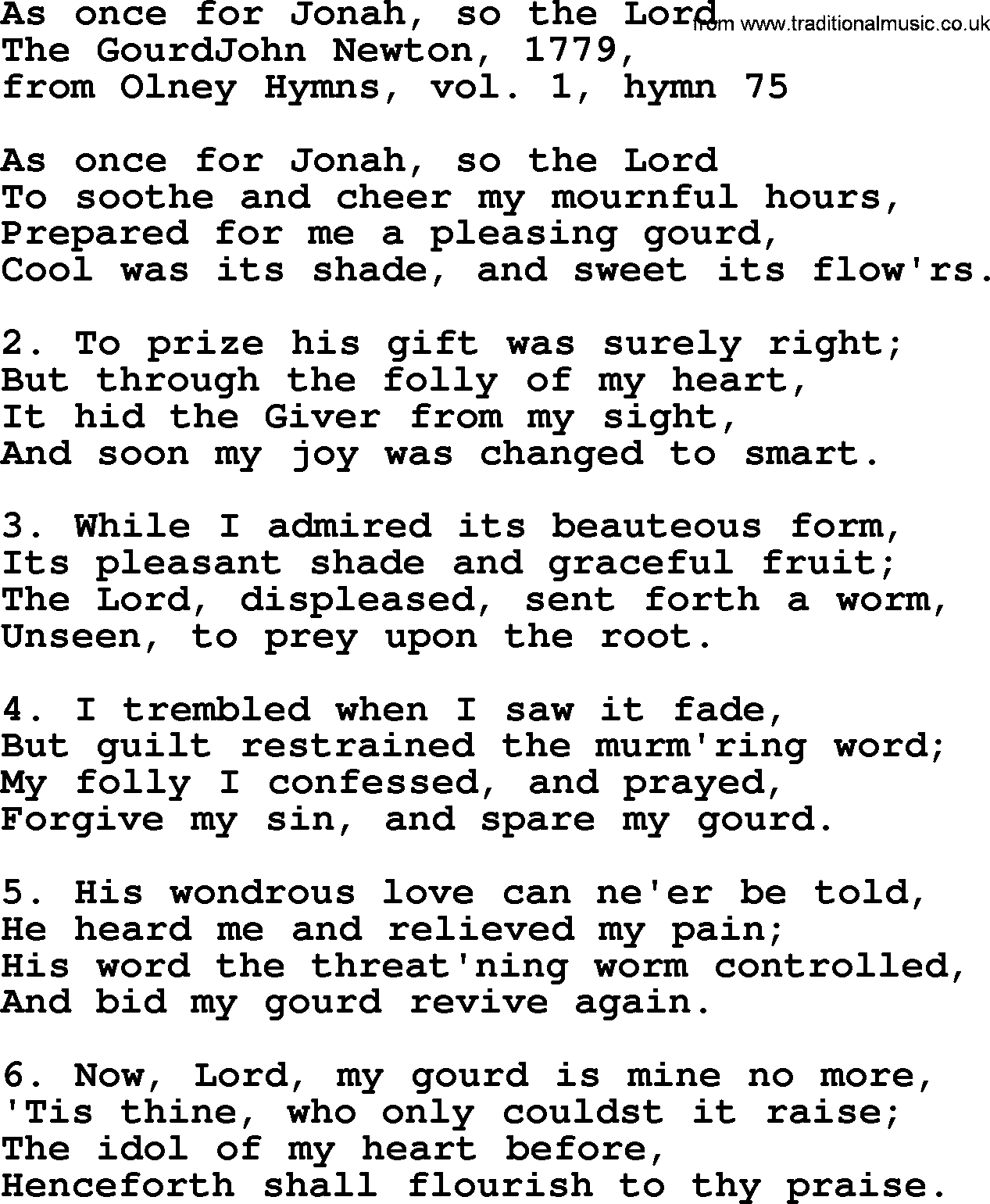 John Newton hymn: As Once For Jonah, So The Lord, lyrics