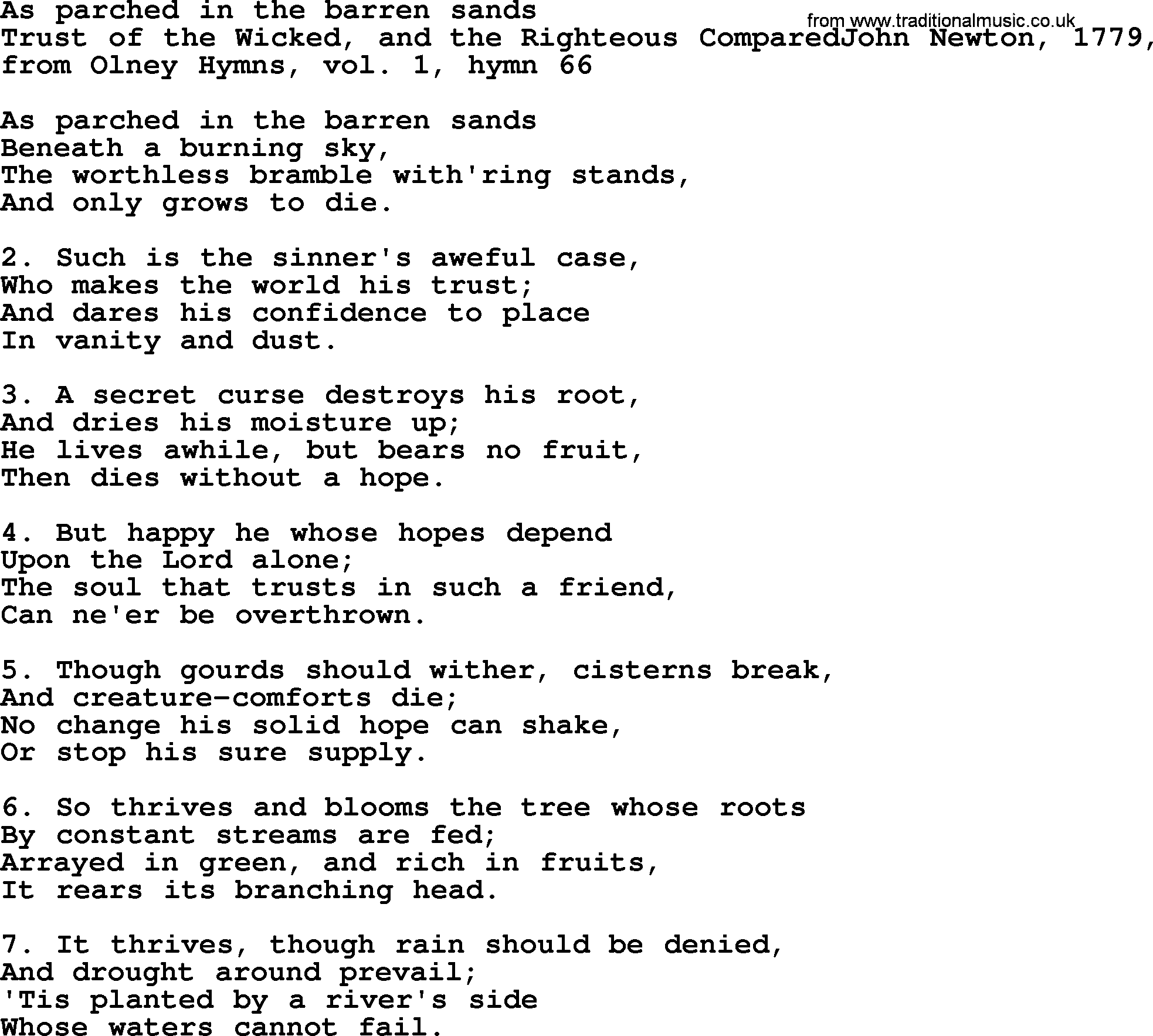 John Newton hymn: As Parched In The Barren Sands, lyrics