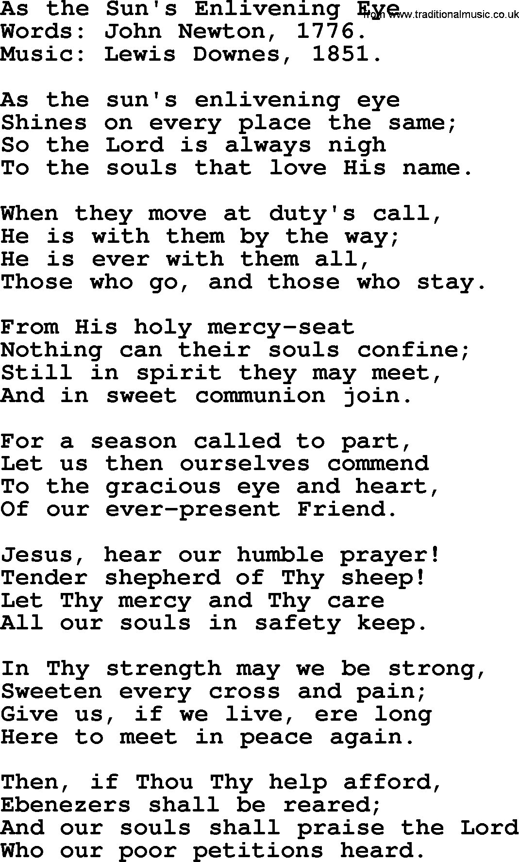 John Newton hymn: As The Sun's Enlivening Eye, lyrics