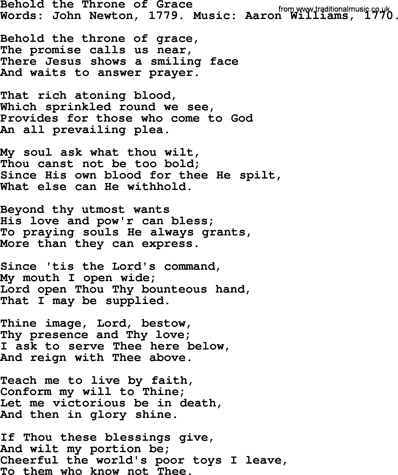 John Newton hymn: Behold The Throne Of Grace, lyrics