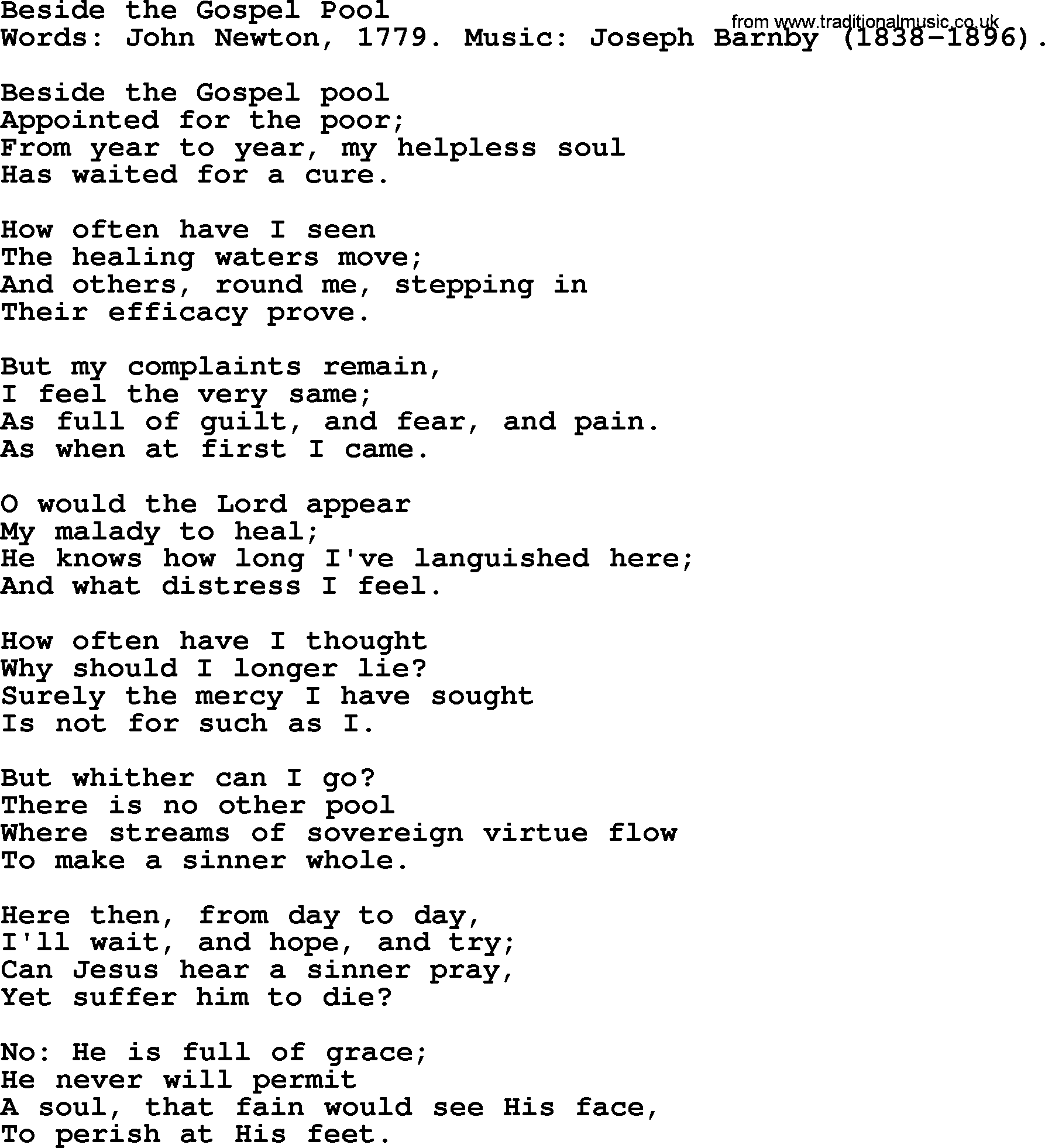 John Newton hymn: Beside The Gospel Pool, lyrics
