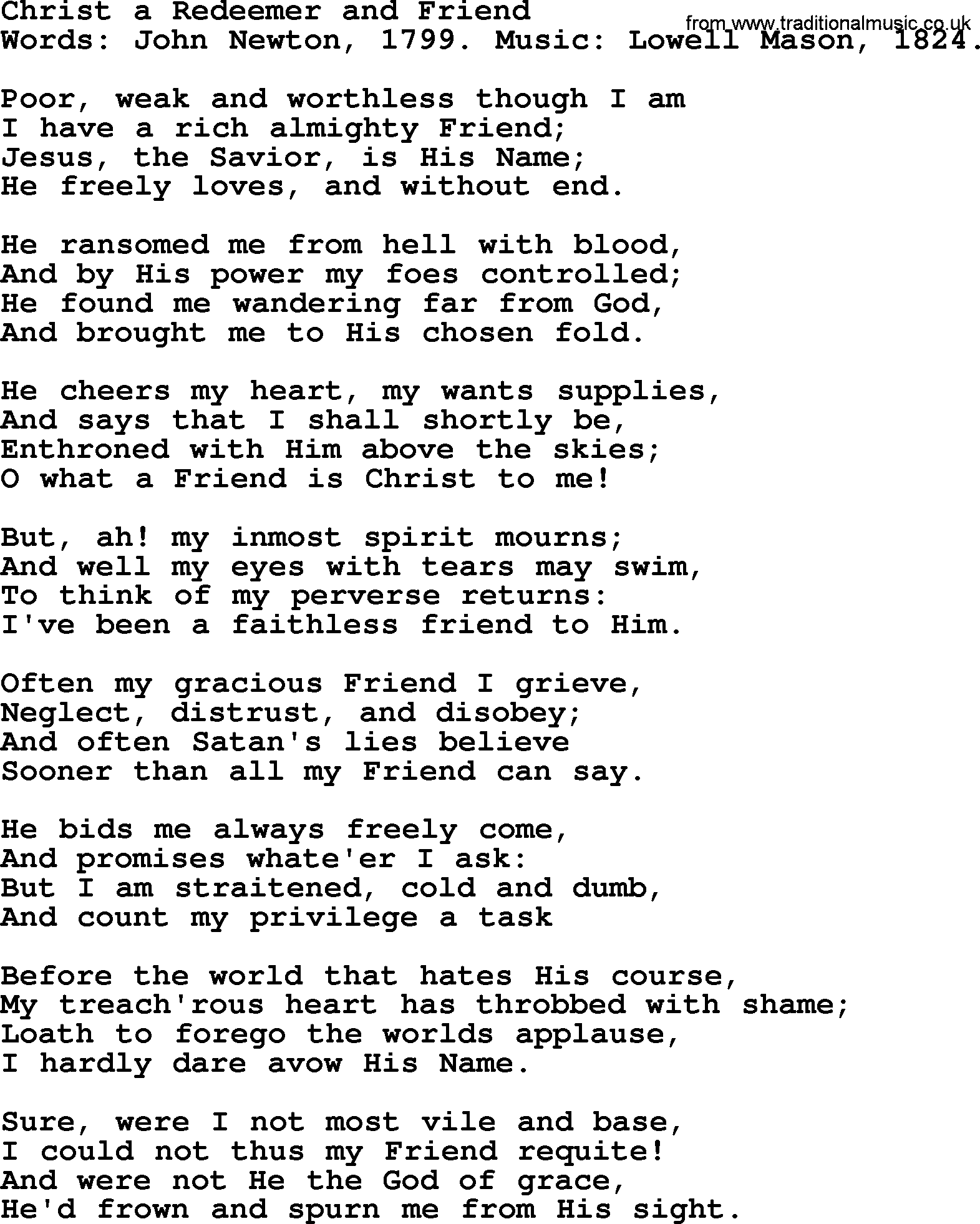 John Newton hymn: Christ A Redeemer And Friend, lyrics