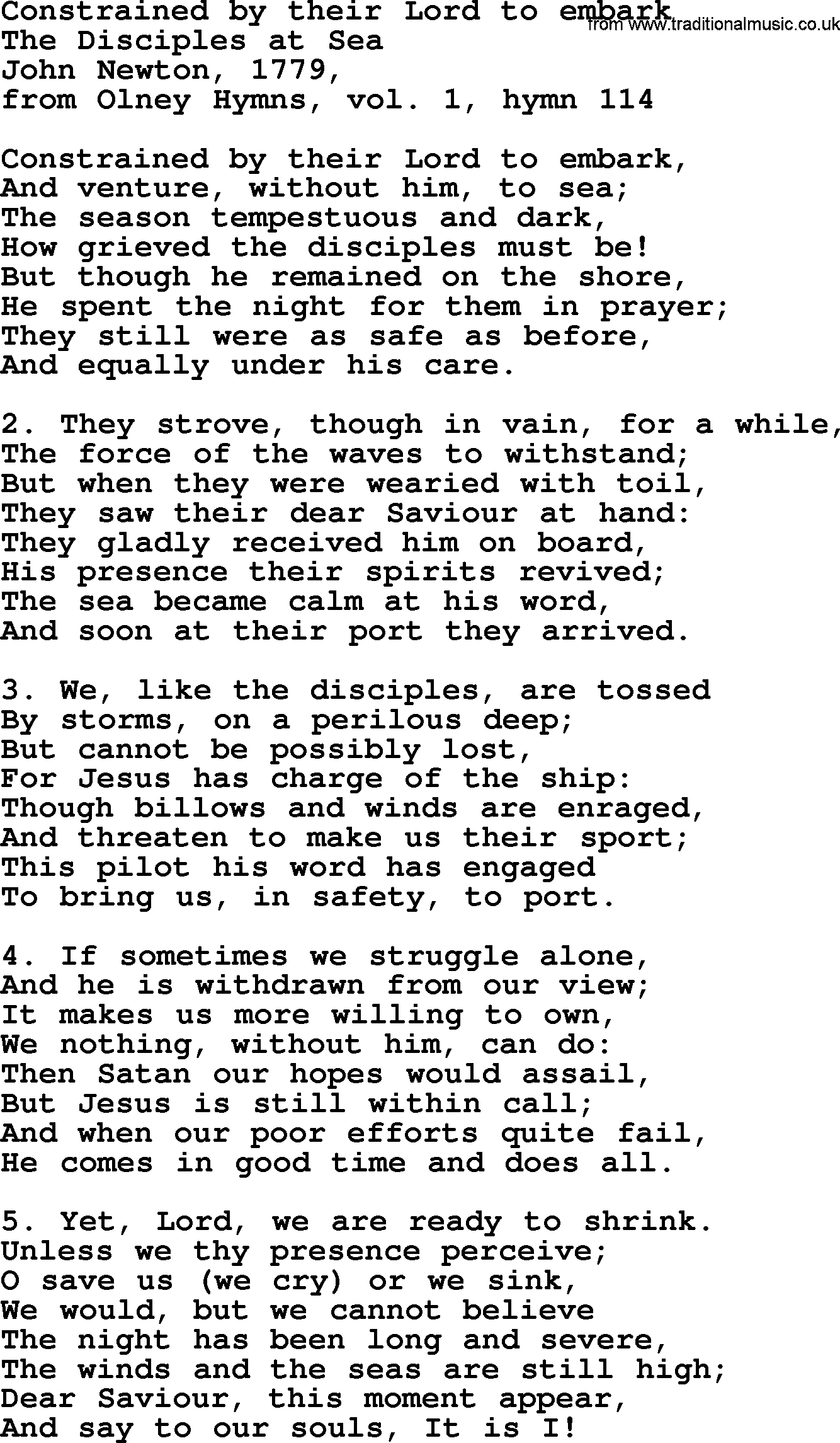 John Newton hymn: Constrained By Their Lord To Embark, lyrics