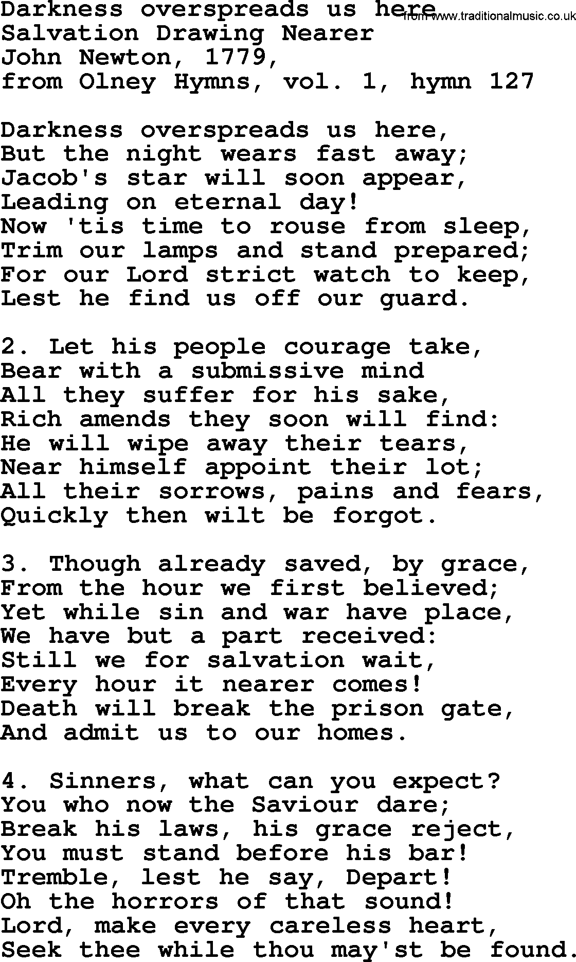 John Newton hymn: Darkness Overspreads Us Here, lyrics